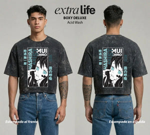 Playera streetwear premium de anime y gaming ExtraLife MX, corte boxy deluxe mineral wash heavyweight en color Acid Wash, moda urbana mexicana de culto.
