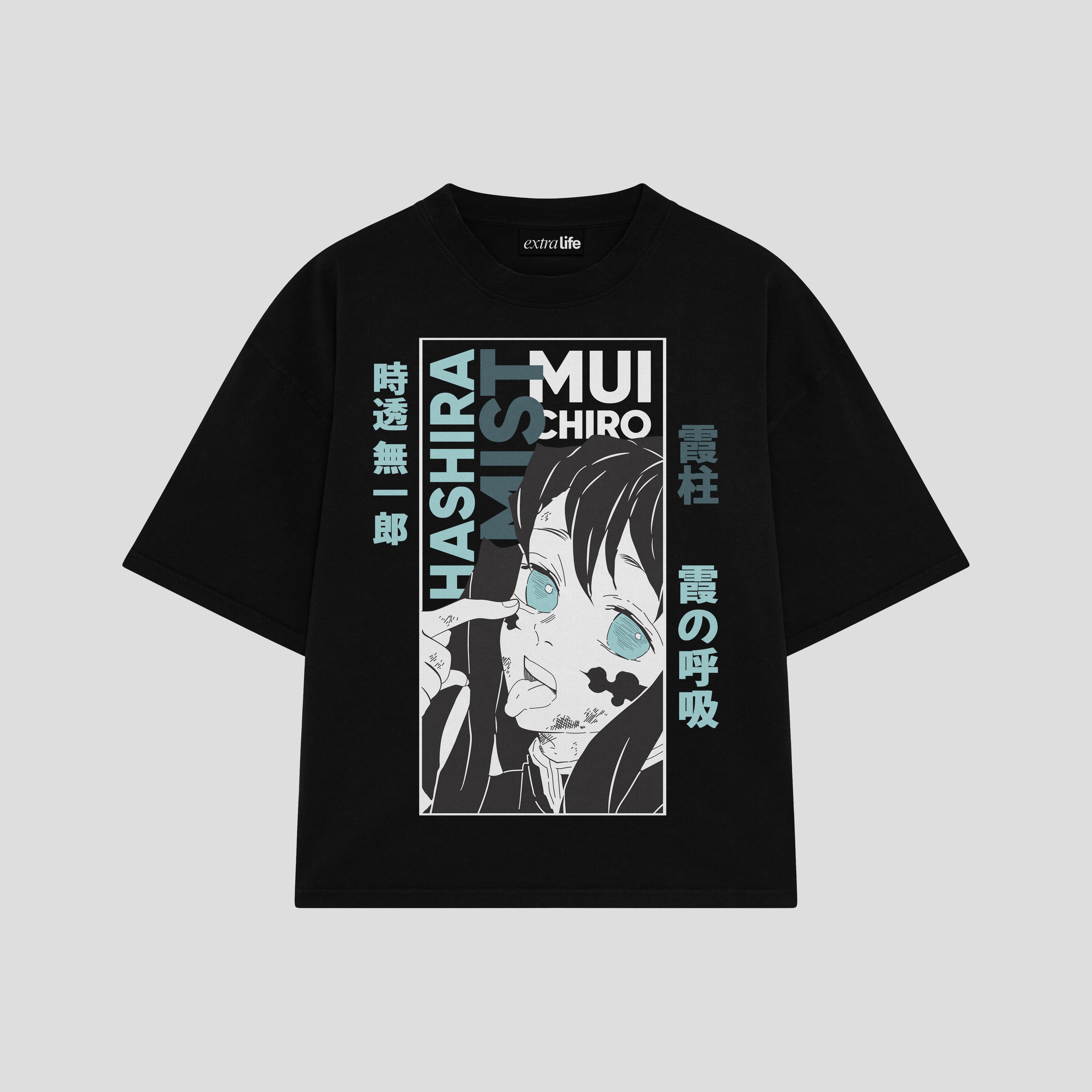 Playera streetwear premium de anime y gaming ExtraLife MX, corte boxy oversized drop shoulder heavyweight en color Deep Black y Off-White, moda urbana mexicana de culto.