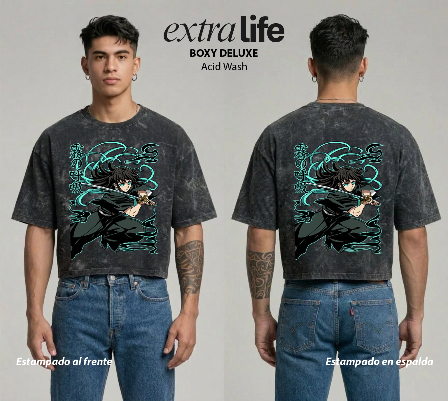 Playera streetwear premium de anime y gaming ExtraLife MX, corte boxy deluxe mineral wash heavyweight en color Acid Wash, moda urbana mexicana de culto.