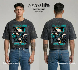 Playera streetwear premium de anime y gaming ExtraLife MX, corte boxy deluxe mineral wash heavyweight en color Acid Wash, moda urbana mexicana de culto.