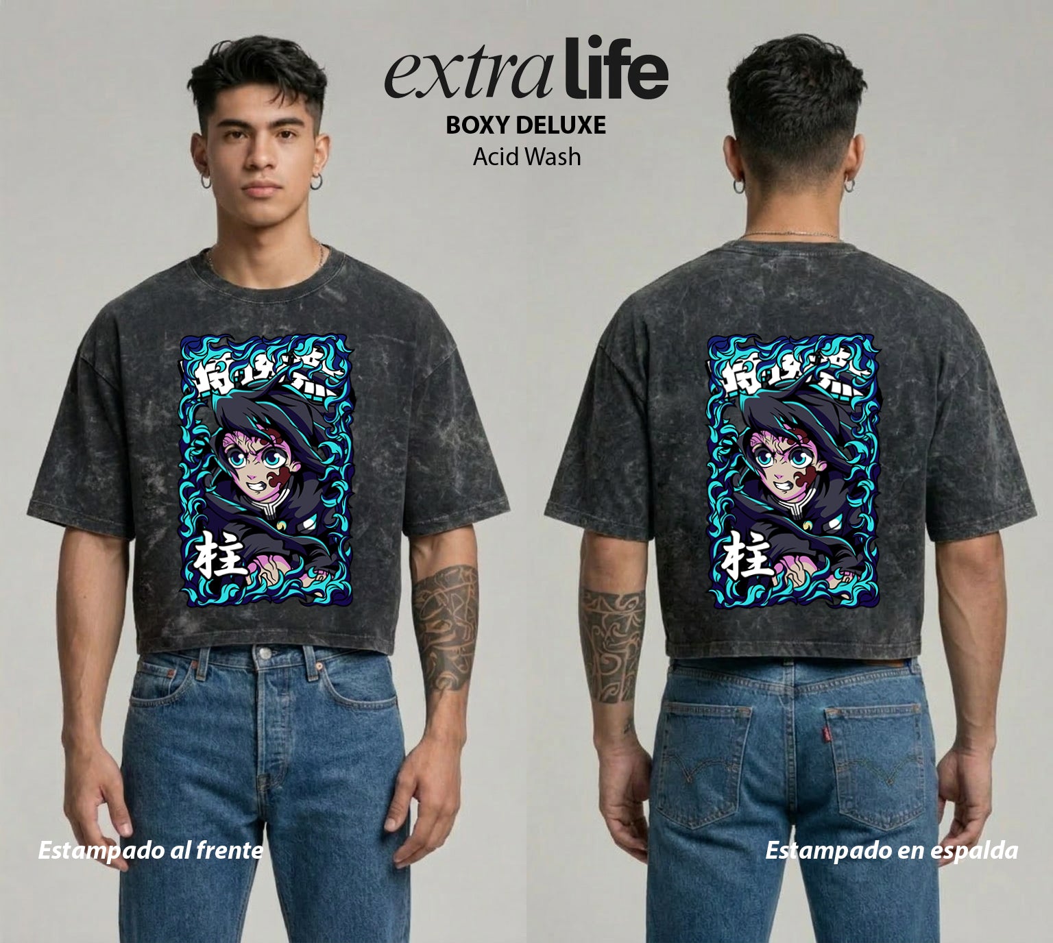 Playera streetwear premium de anime y gaming ExtraLife MX, corte boxy deluxe mineral wash heavyweight en color Acid Wash, moda urbana mexicana de culto.