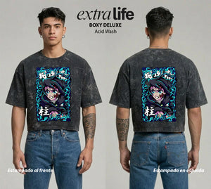 Playera streetwear premium de anime y gaming ExtraLife MX, corte boxy deluxe mineral wash heavyweight en color Acid Wash, moda urbana mexicana de culto.
