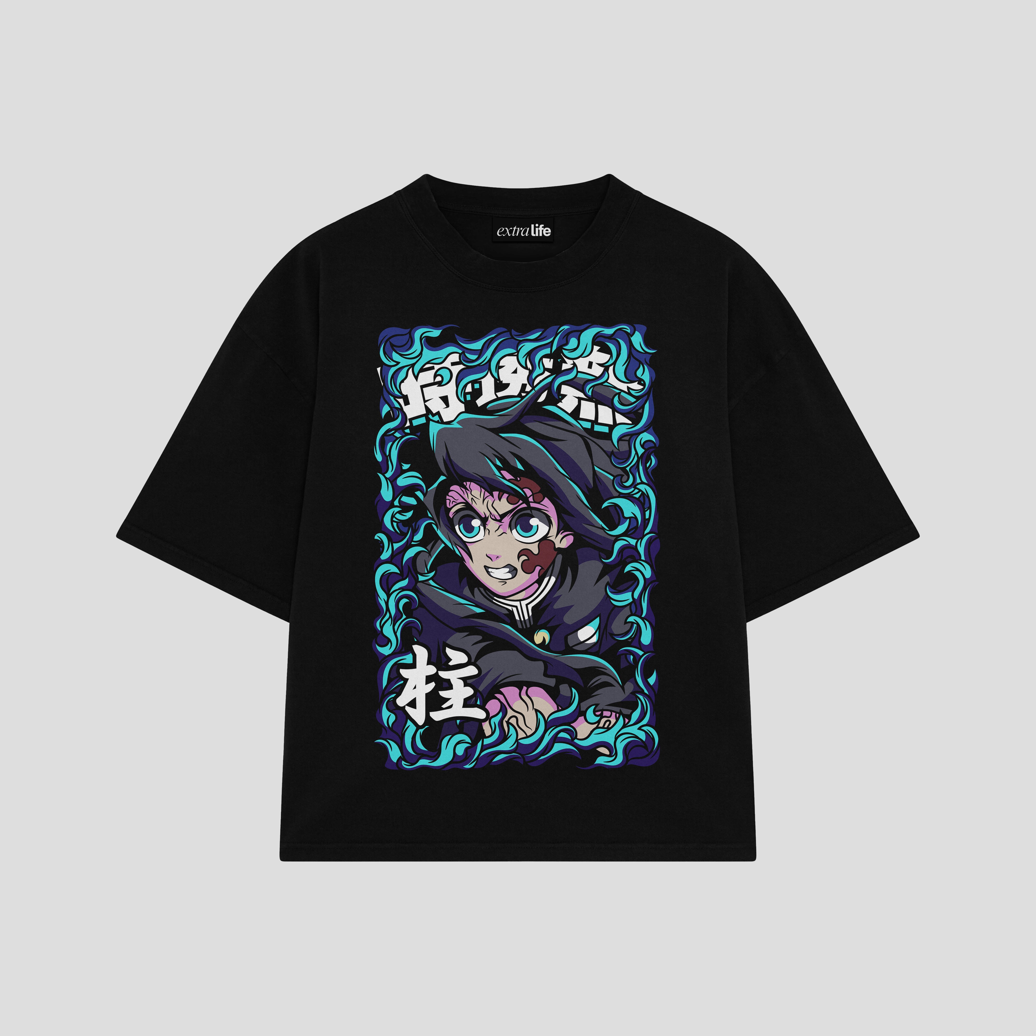 Playera streetwear premium de anime y gaming ExtraLife MX, corte boxy oversized drop shoulder heavyweight en color Deep Black y Off-White, moda urbana mexicana de culto.