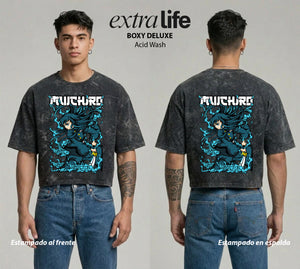 Playera streetwear premium de anime y gaming ExtraLife MX, corte boxy deluxe mineral wash heavyweight en color Acid Wash, moda urbana mexicana de culto.