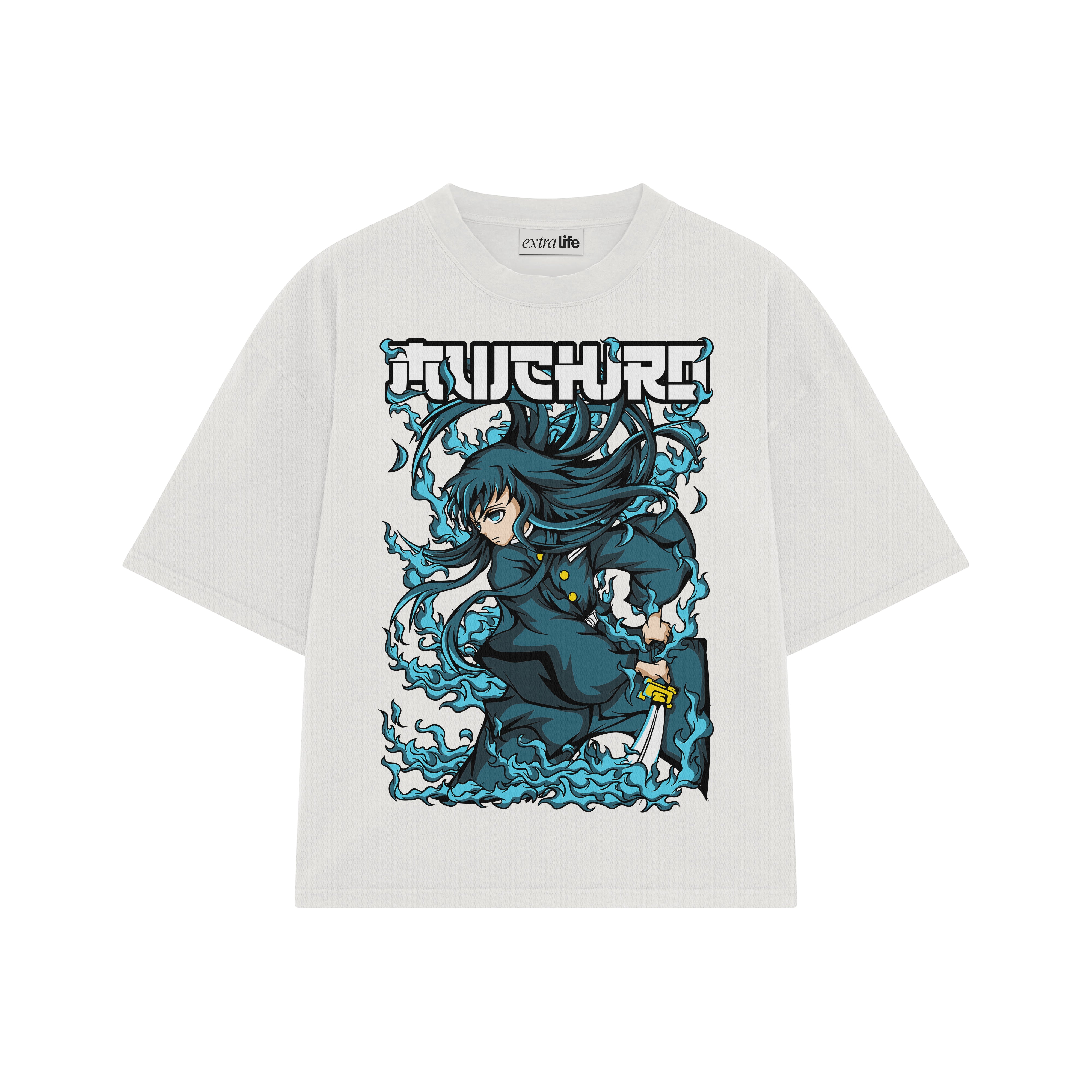 Playera streetwear premium de anime y gaming ExtraLife MX, corte boxy oversized drop shoulder heavyweight en color Deep Black y Off-White, moda urbana mexicana de culto.