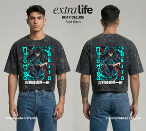 Playera streetwear premium de anime y gaming ExtraLife MX, corte boxy deluxe mineral wash heavyweight en color Acid Wash, moda urbana mexicana de culto.