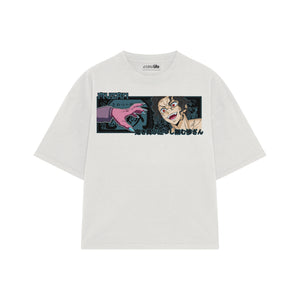 Playera streetwear premium de anime y gaming ExtraLife MX, corte boxy oversized drop shoulder heavyweight en color Deep Black y Off-White, moda urbana mexicana de culto.