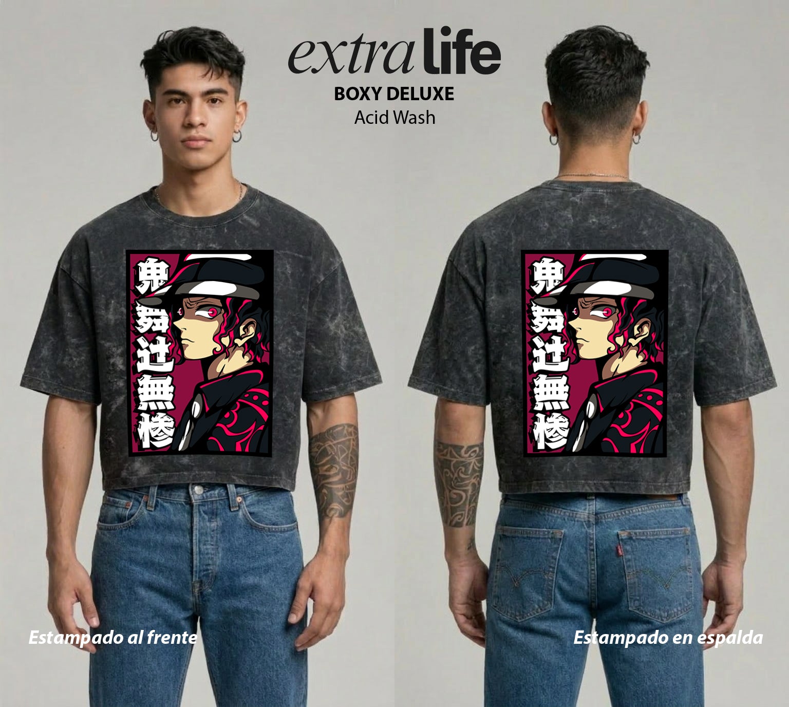 Playera streetwear premium de anime y gaming ExtraLife MX, corte boxy deluxe mineral wash heavyweight en color Acid Wash, moda urbana mexicana de culto.