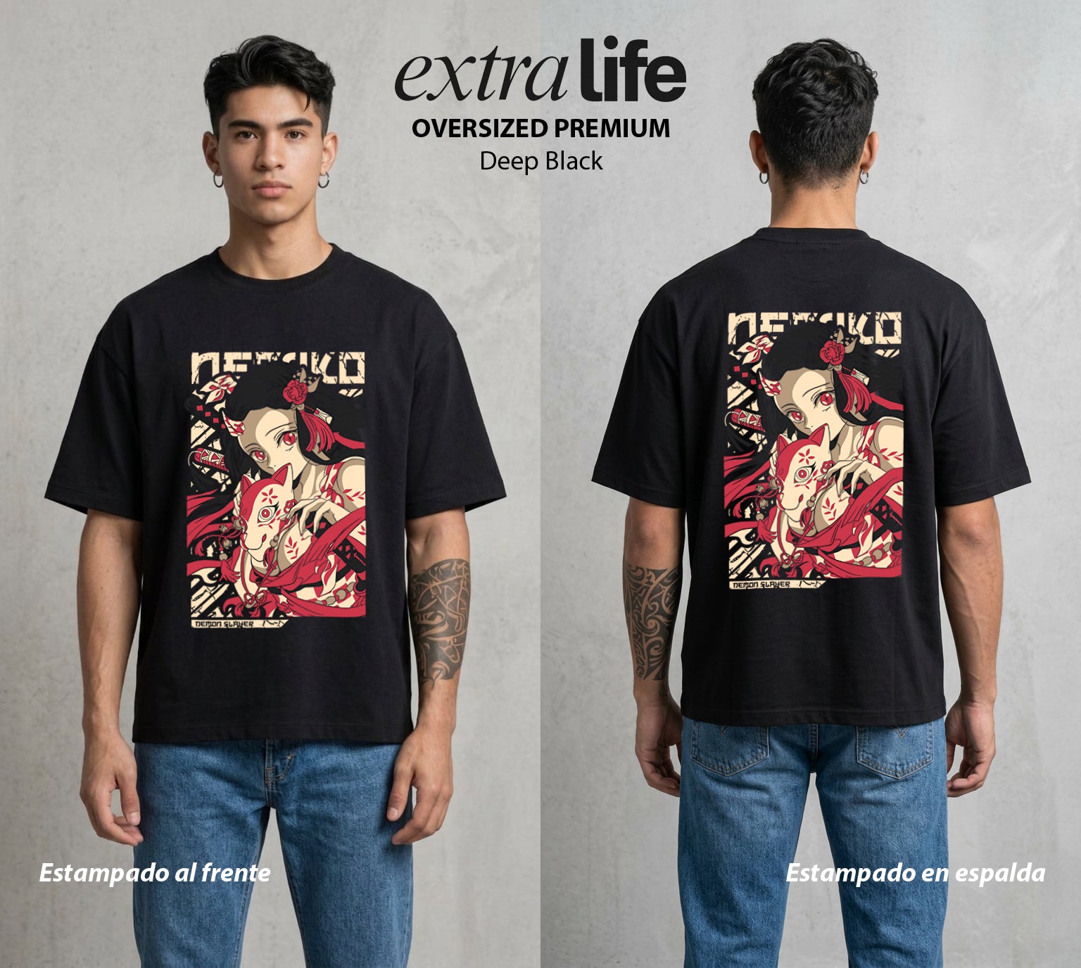 Cazadores de la Noche | Bambu y Amanecer #01134 - Playera Oversized Premium | Deep Black - Foto en modelo