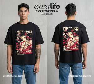 Cazadores de la Noche | Bambu y Amanecer #01134 - Playera Oversized Premium | Deep Black - Foto en modelo
