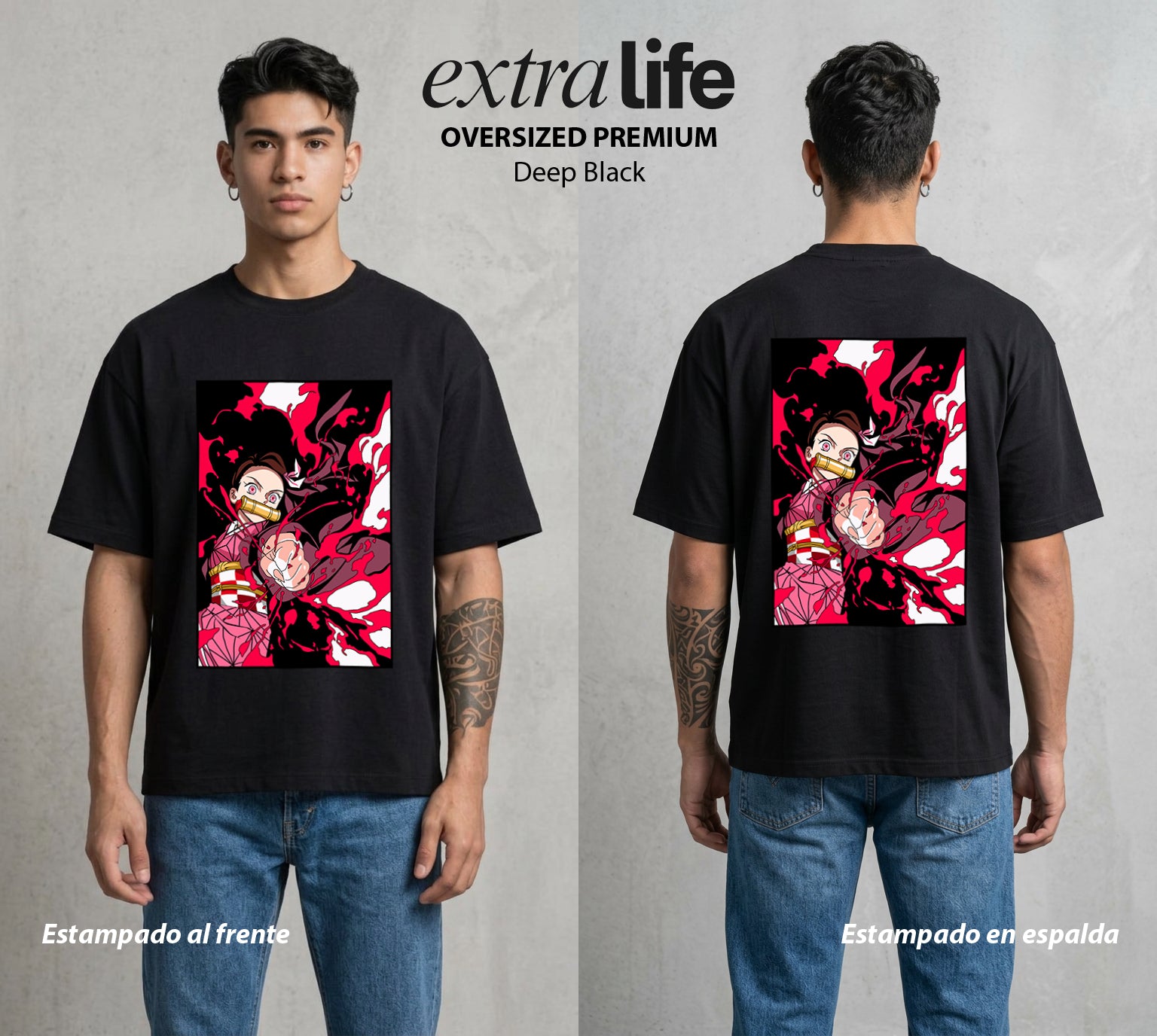 Cazadores de la Noche | La Flor del Bambu #01136 - Playera Oversized Premium | Deep Black - Foto en modelo