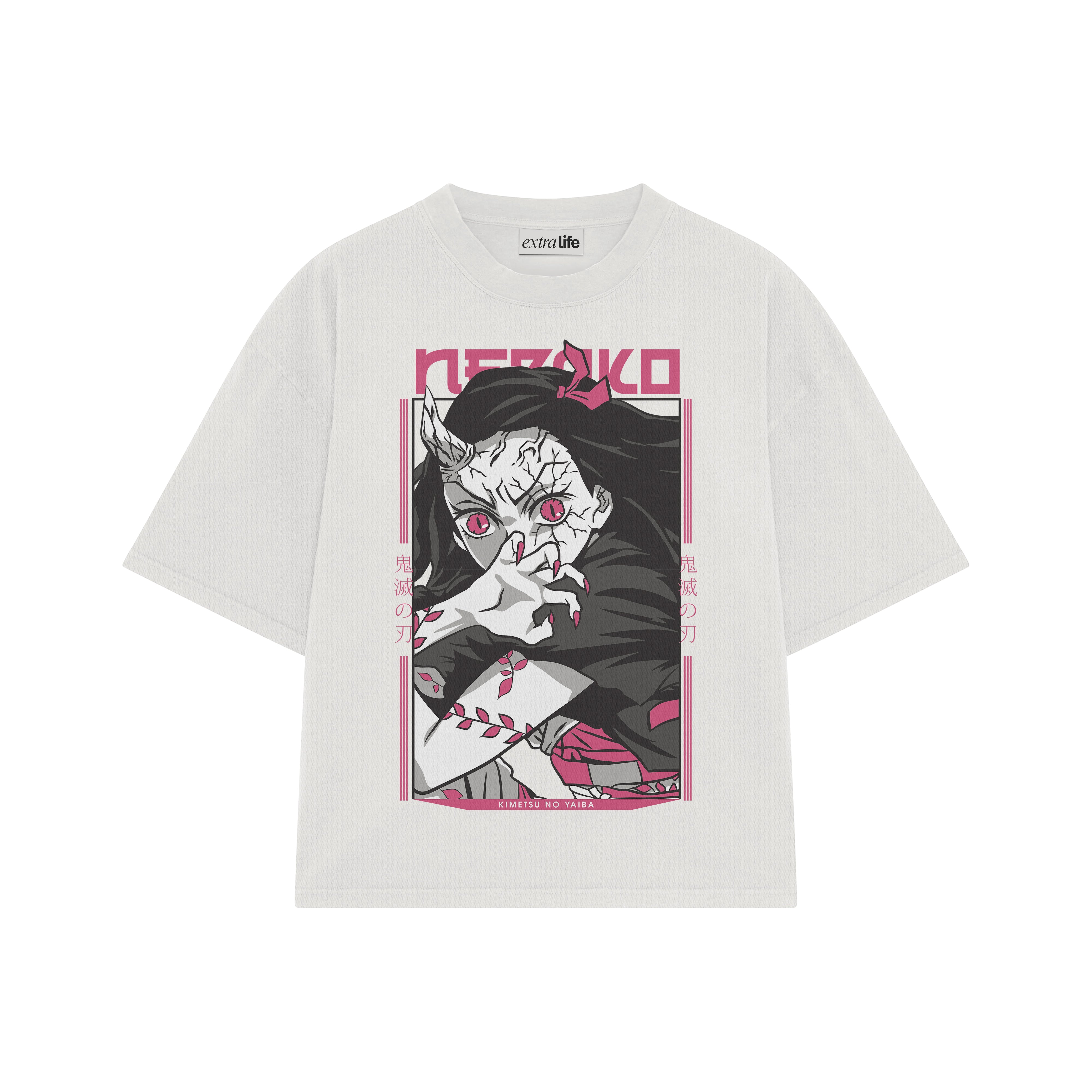 Playera streetwear premium de anime y gaming ExtraLife MX, corte boxy oversized drop shoulder heavyweight en color Deep Black y Off-White, moda urbana mexicana de culto.
