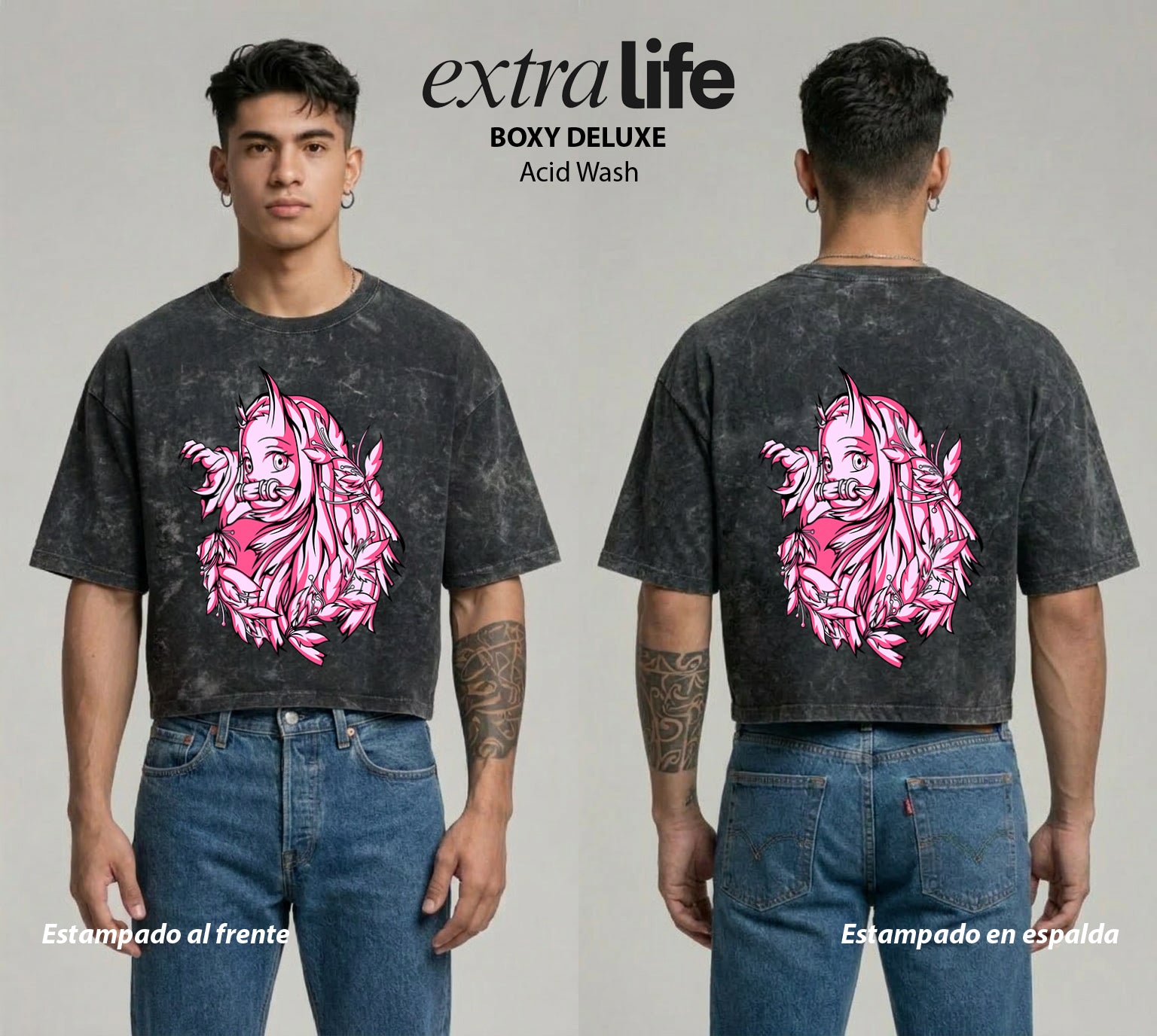 Playera streetwear premium de anime y gaming ExtraLife MX, corte boxy deluxe mineral wash heavyweight en color Acid Wash, moda urbana mexicana de culto.