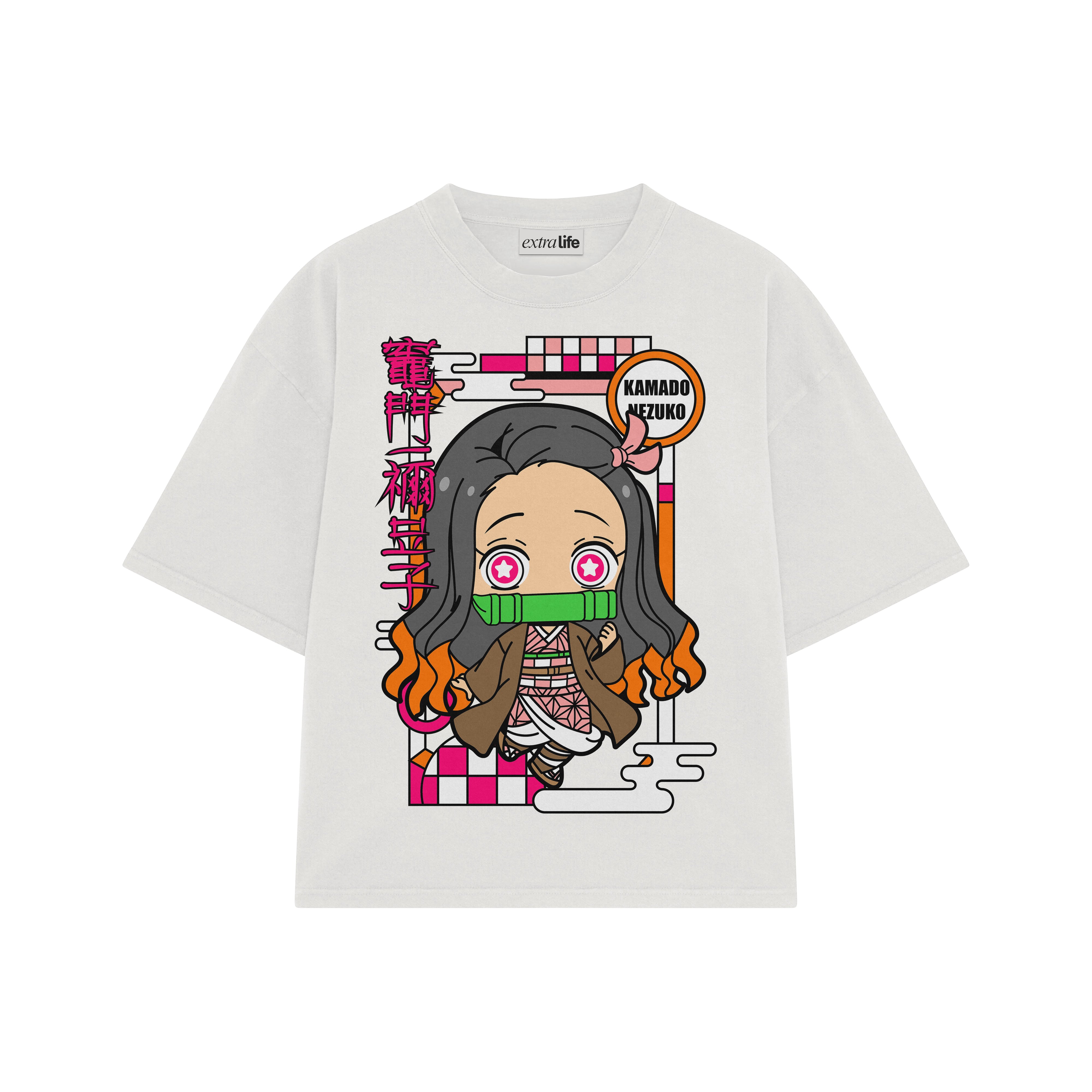 Playera streetwear premium de anime y gaming ExtraLife MX, corte boxy oversized drop shoulder heavyweight en color Deep Black y Off-White, moda urbana mexicana de culto.