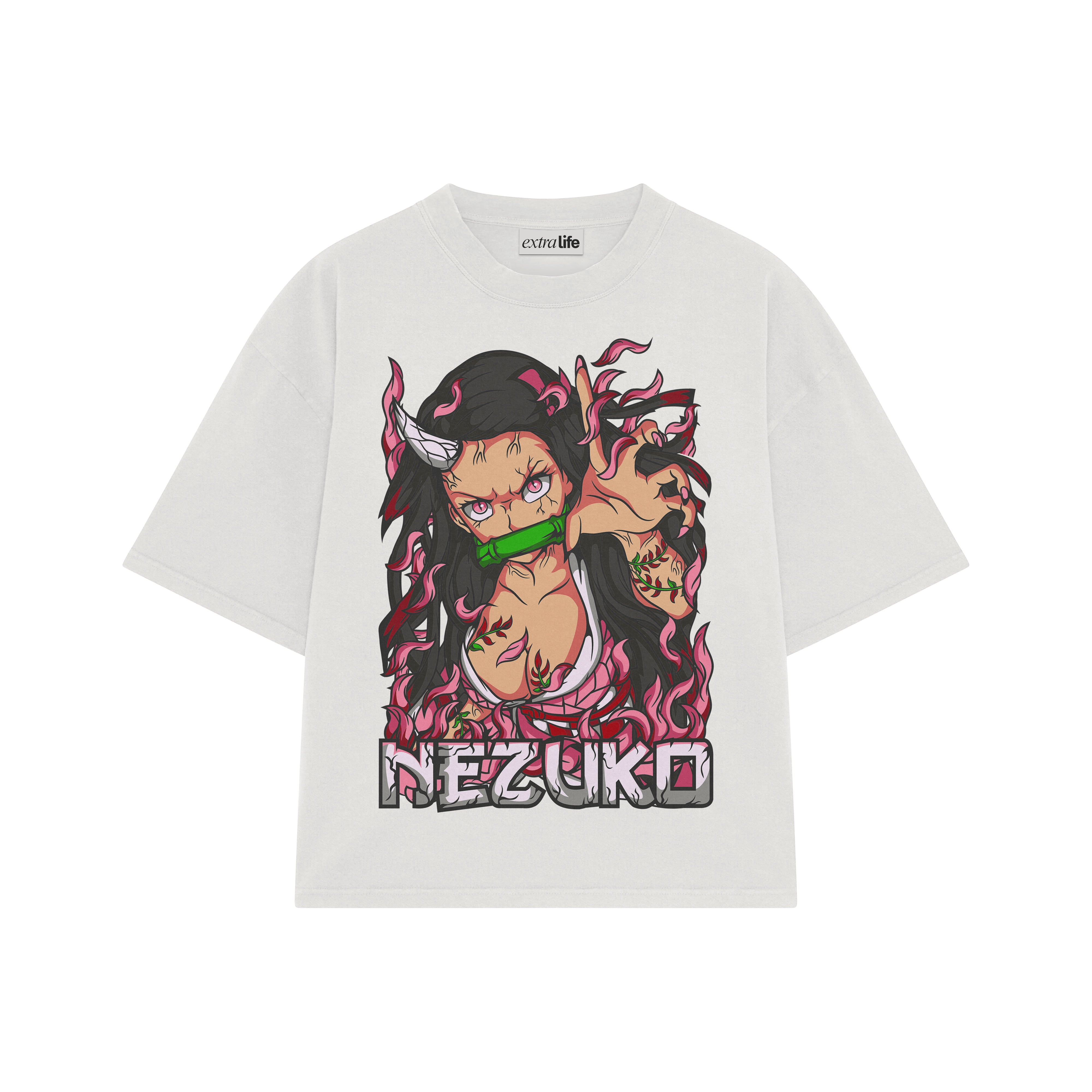 Playera streetwear premium de anime y gaming ExtraLife MX, corte boxy oversized drop shoulder heavyweight en color Deep Black y Off-White, moda urbana mexicana de culto.