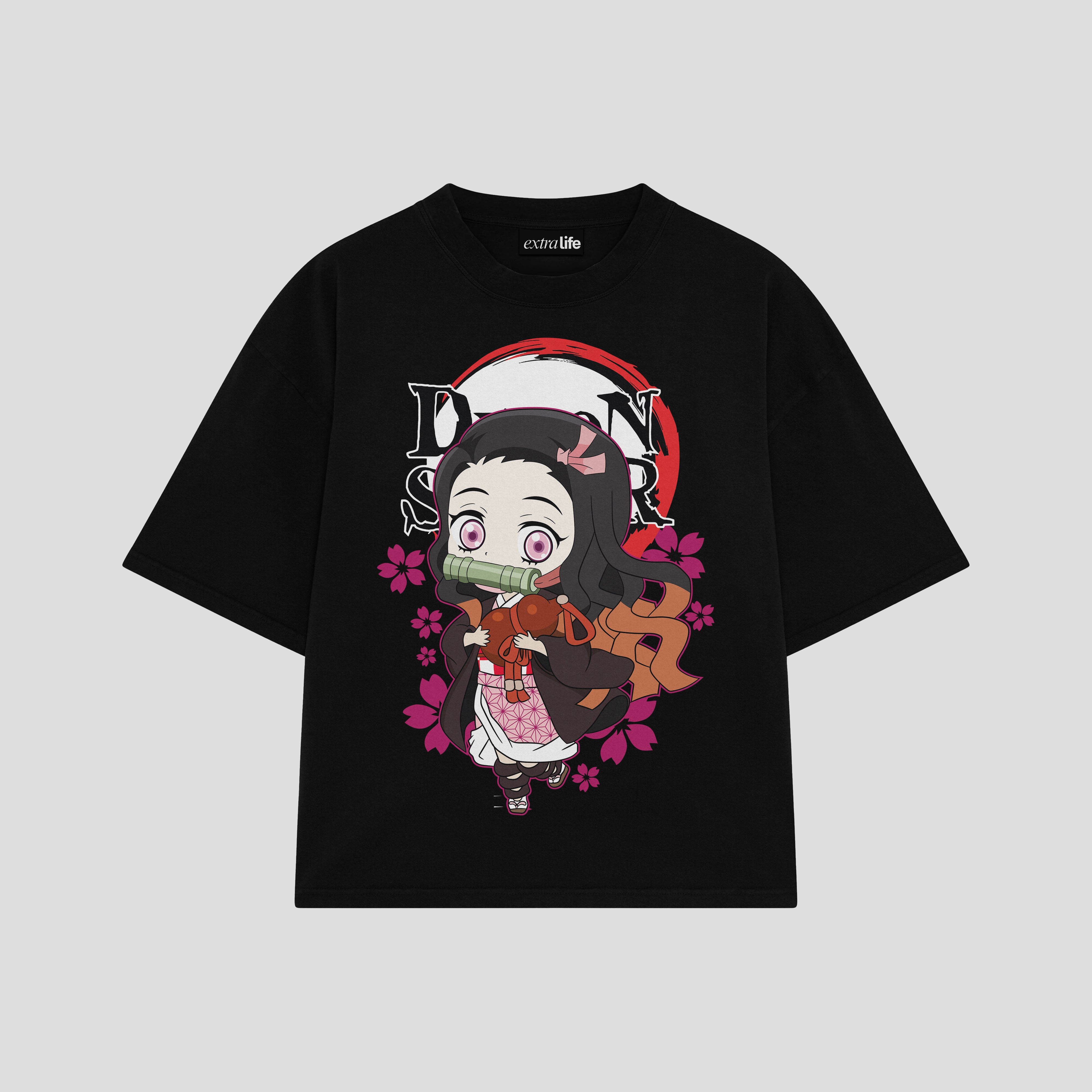 Playera streetwear premium de anime y gaming ExtraLife MX, corte boxy oversized drop shoulder heavyweight en color Deep Black y Off-White, moda urbana mexicana de culto.
