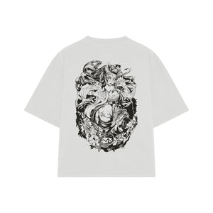 Playera streetwear premium de anime y gaming ExtraLife MX, corte boxy oversized drop shoulder heavyweight en color Deep Black y Off-White, moda urbana mexicana de culto.