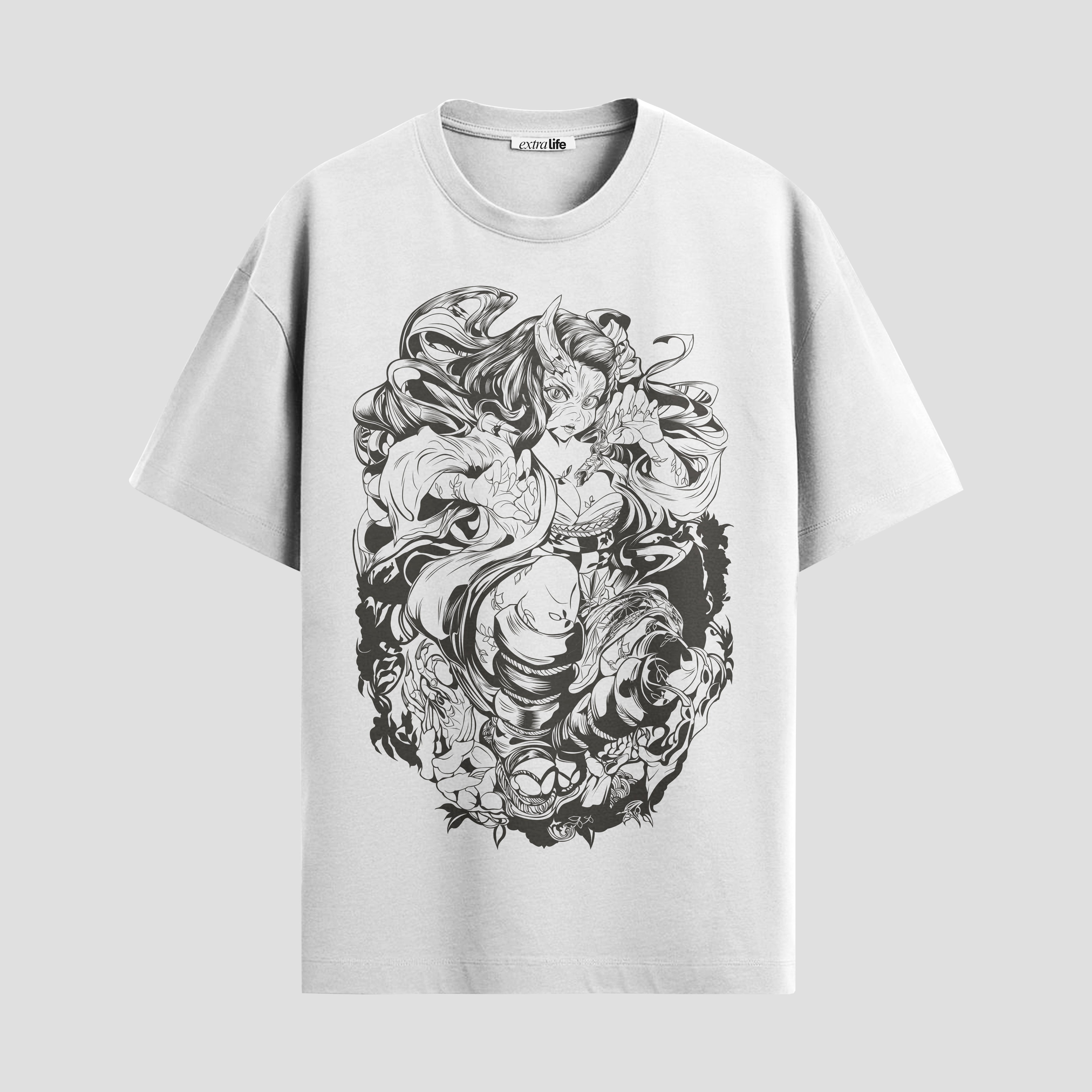 Playera urbana de anime y gaming ExtraLife MX, corte Standard Fit unisex ligero y transpirable en color Deep Black y Pure White, ropa de uso diario para gym y casual.