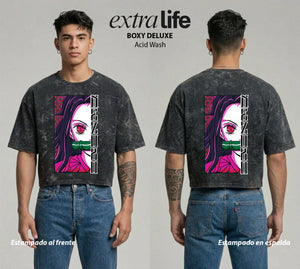 Playera streetwear premium de anime y gaming ExtraLife MX, corte boxy deluxe mineral wash heavyweight en color Acid Wash, moda urbana mexicana de culto.