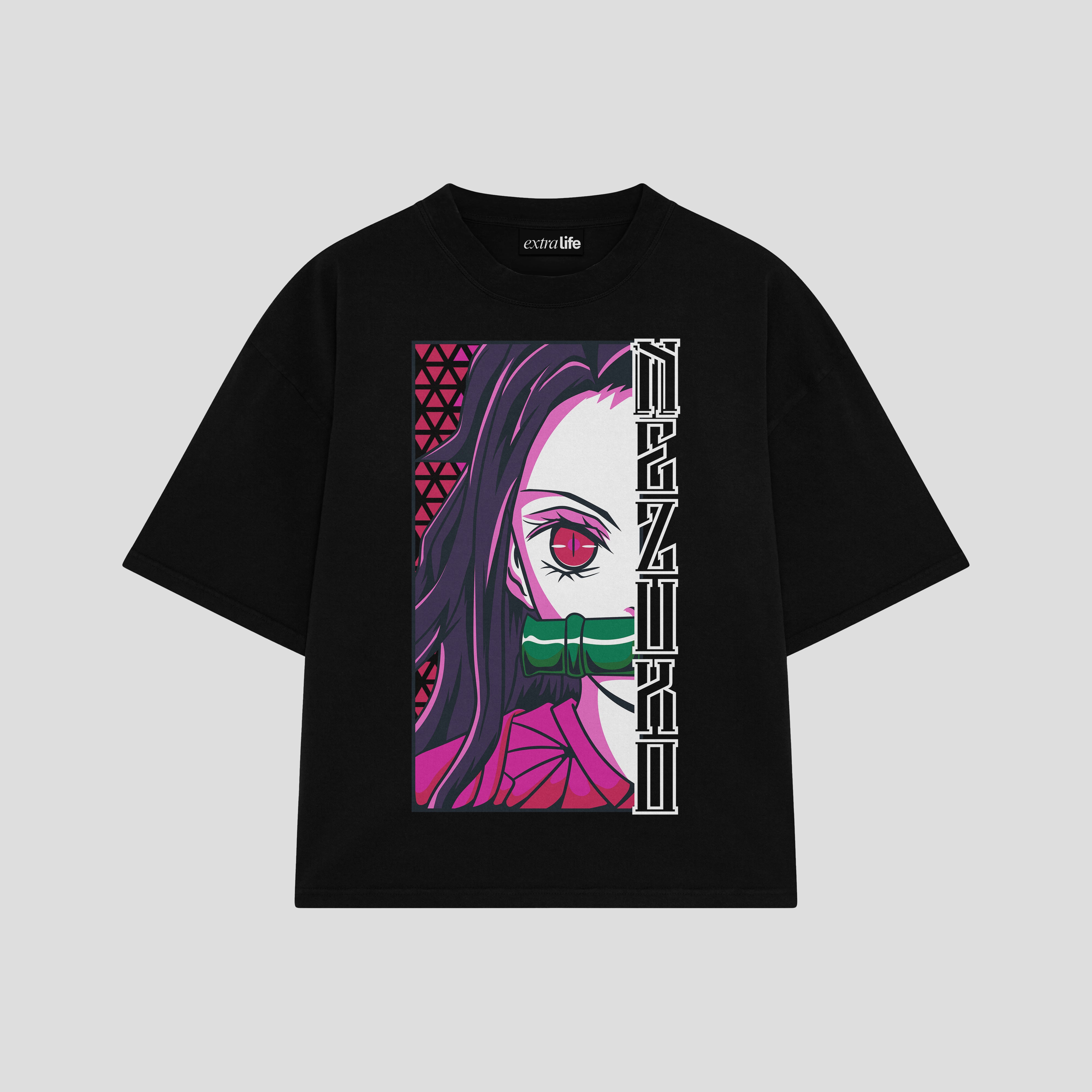 Playera streetwear premium de anime y gaming ExtraLife MX, corte boxy oversized drop shoulder heavyweight en color Deep Black y Off-White, moda urbana mexicana de culto.