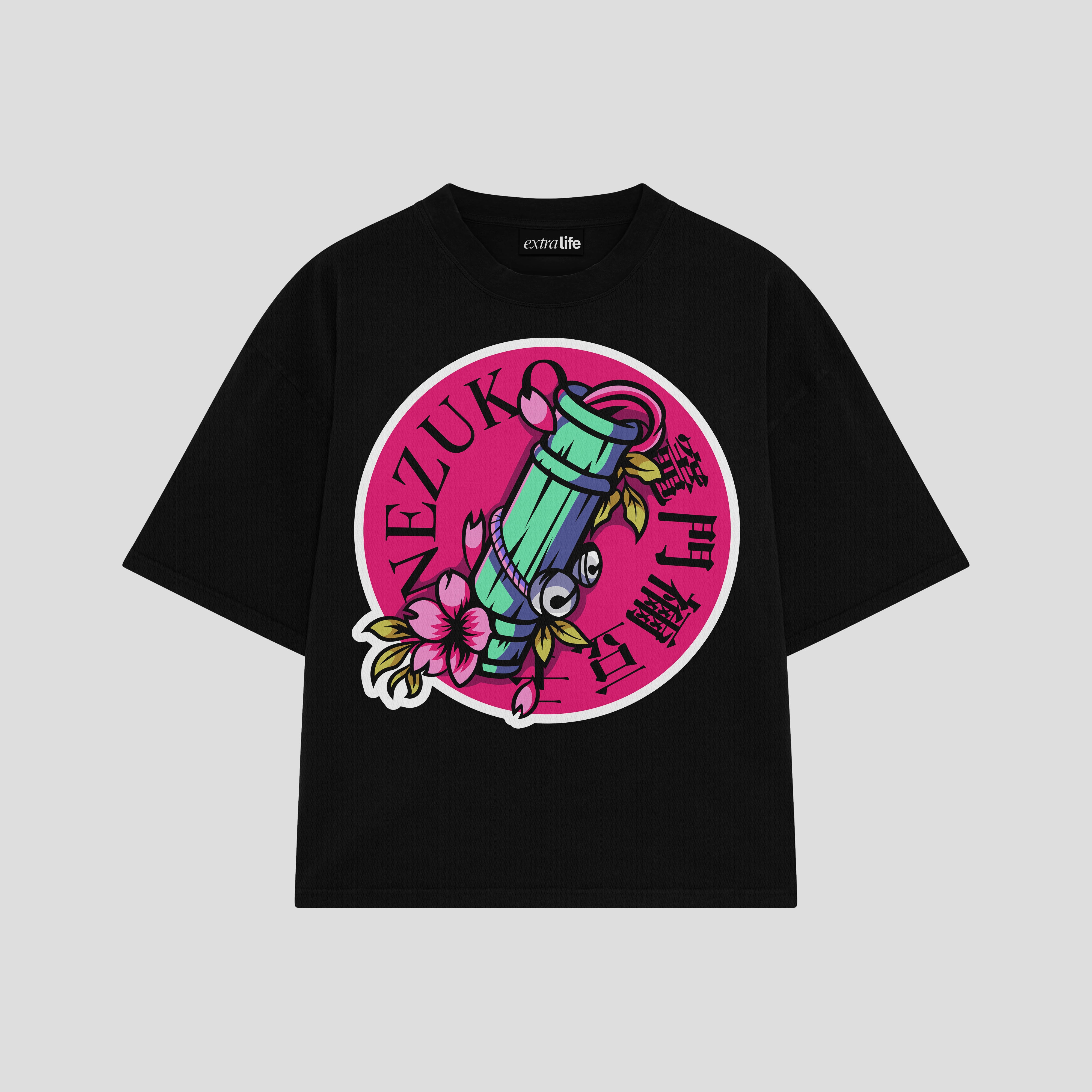 Playera streetwear premium de anime y gaming ExtraLife MX, corte boxy oversized drop shoulder heavyweight en color Deep Black y Off-White, moda urbana mexicana de culto.