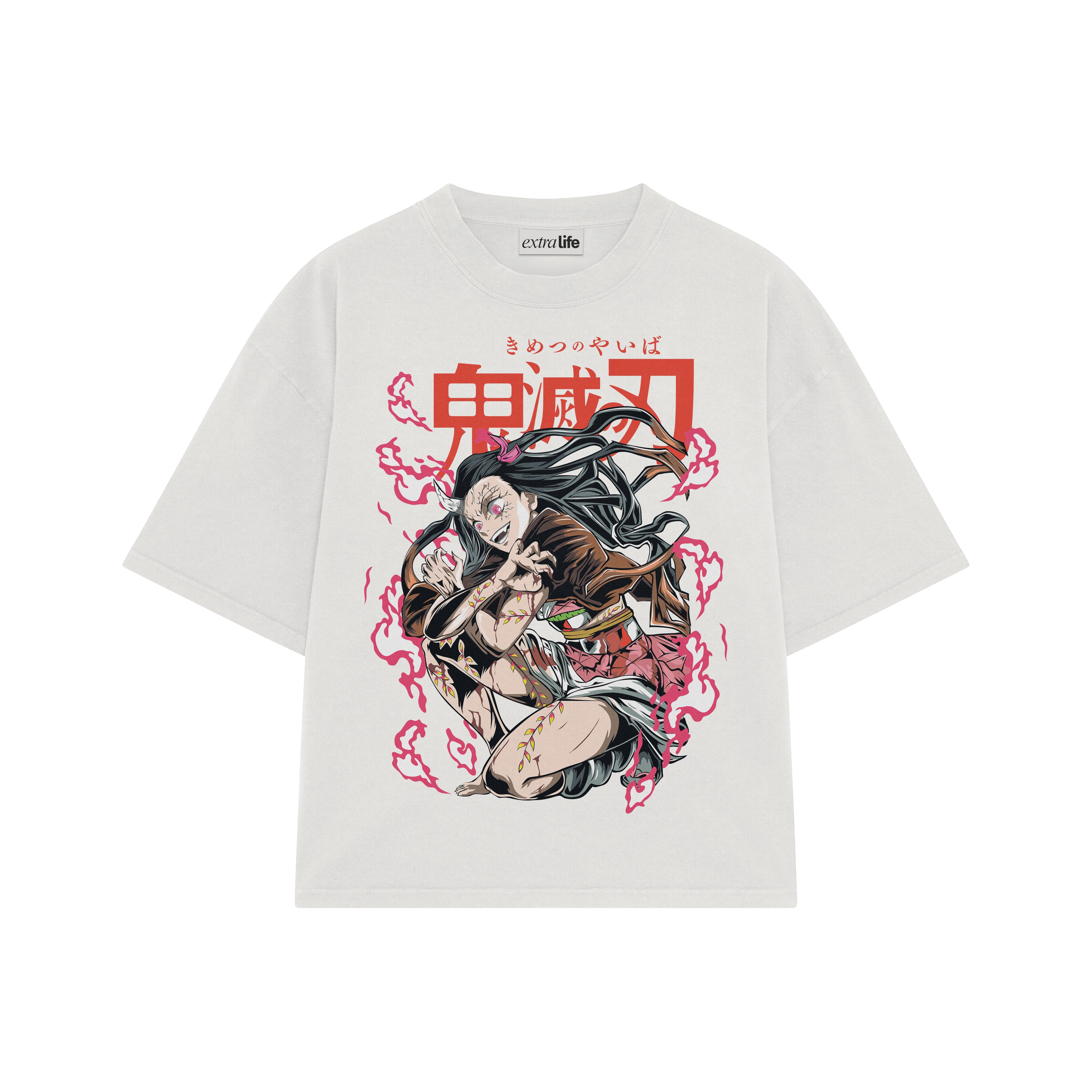 Playera streetwear premium de anime y gaming ExtraLife MX, corte boxy oversized drop shoulder heavyweight en color Deep Black y Off-White, moda urbana mexicana de culto.