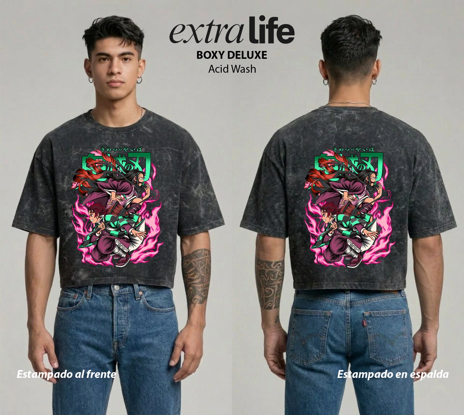 Playera streetwear premium de anime y gaming ExtraLife MX, corte boxy deluxe mineral wash heavyweight en color Acid Wash, moda urbana mexicana de culto.