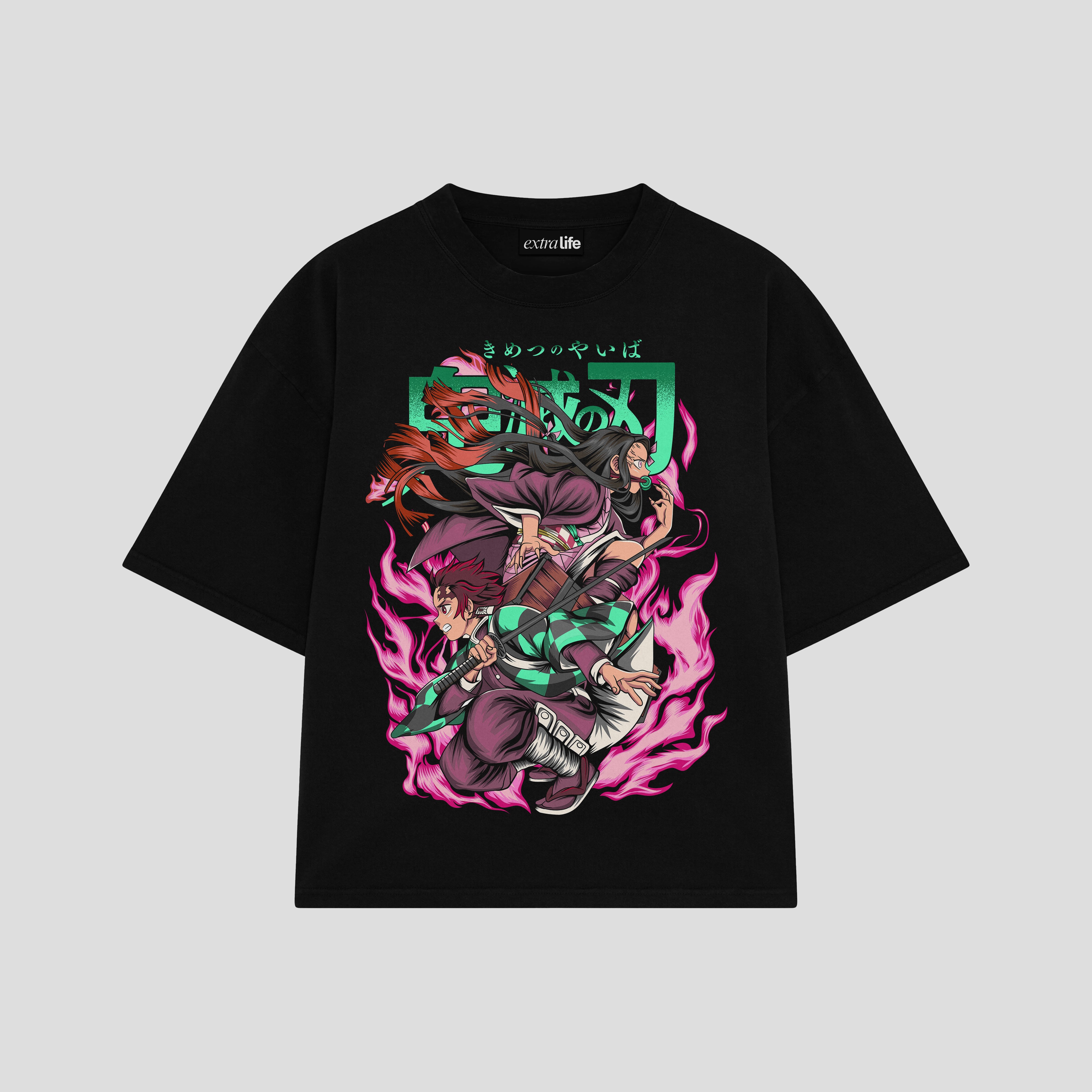 Playera streetwear premium de anime y gaming ExtraLife MX, corte boxy oversized drop shoulder heavyweight en color Deep Black y Off-White, moda urbana mexicana de culto.