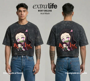 Playera streetwear premium de anime y gaming ExtraLife MX, corte boxy deluxe mineral wash heavyweight en color Acid Wash, moda urbana mexicana de culto.