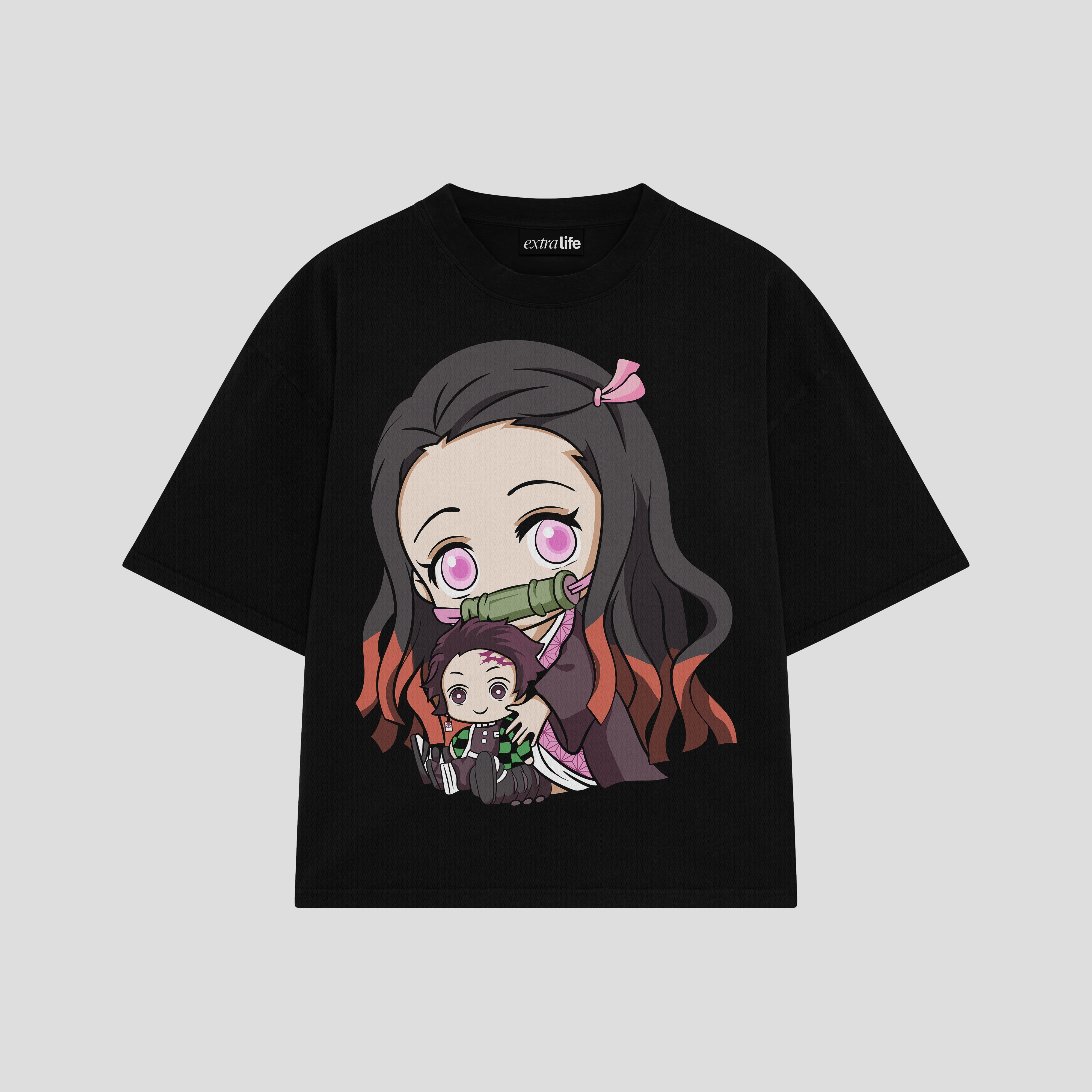 Playera streetwear premium de anime y gaming ExtraLife MX, corte boxy oversized drop shoulder heavyweight en color Deep Black y Off-White, moda urbana mexicana de culto.