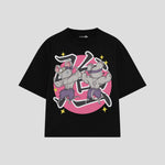 Playera streetwear premium de anime y gaming ExtraLife MX, corte boxy oversized drop shoulder heavyweight en color Deep Black y Off-White, moda urbana mexicana de culto.