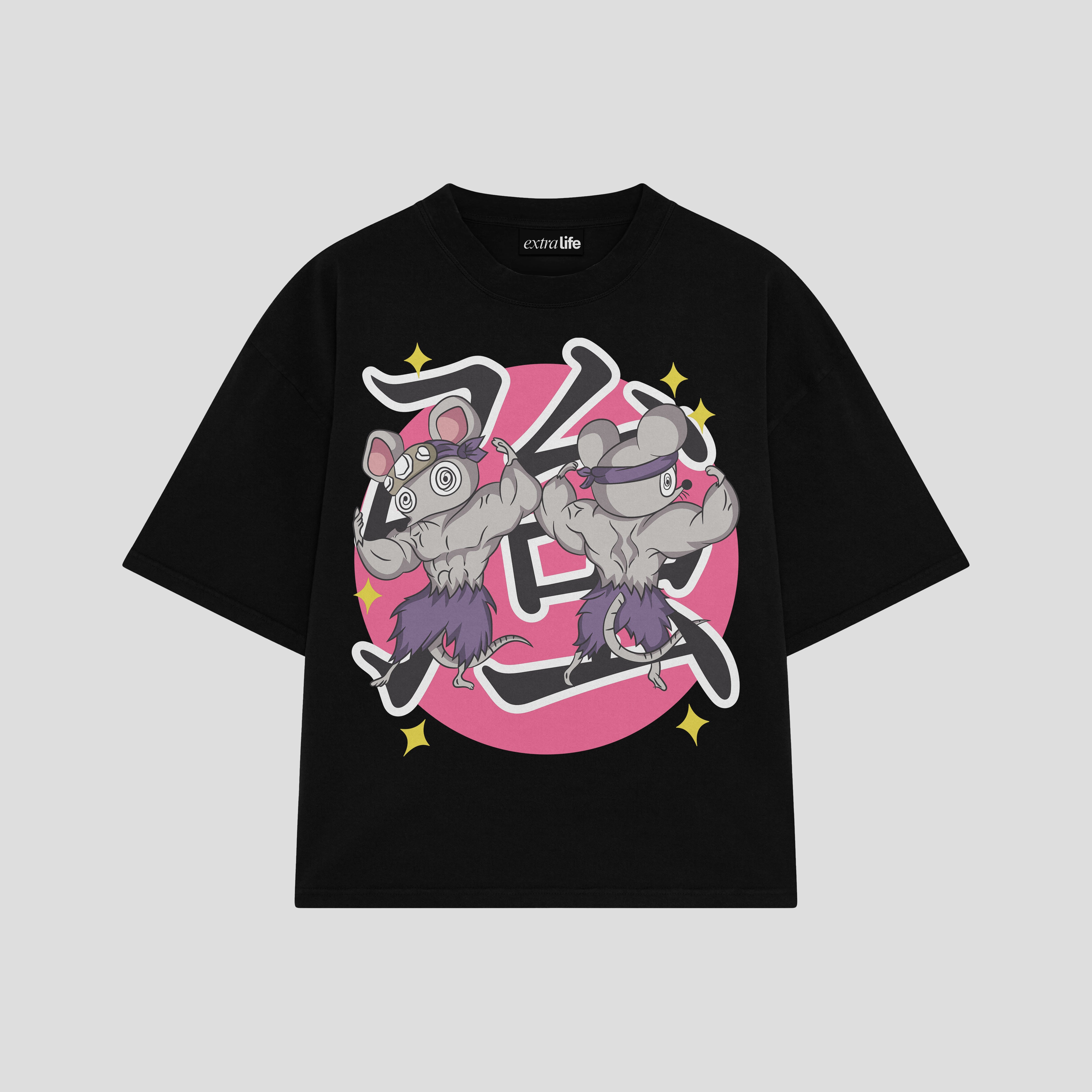 Playera streetwear premium de anime y gaming ExtraLife MX, corte boxy oversized drop shoulder heavyweight en color Deep Black y Off-White, moda urbana mexicana de culto.