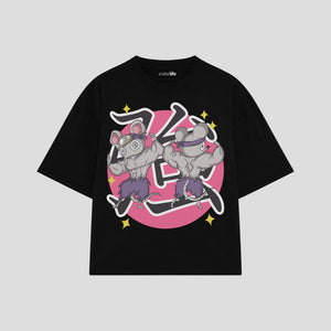Playera streetwear premium de anime y gaming ExtraLife MX, corte boxy oversized drop shoulder heavyweight en color Deep Black y Off-White, moda urbana mexicana de culto.