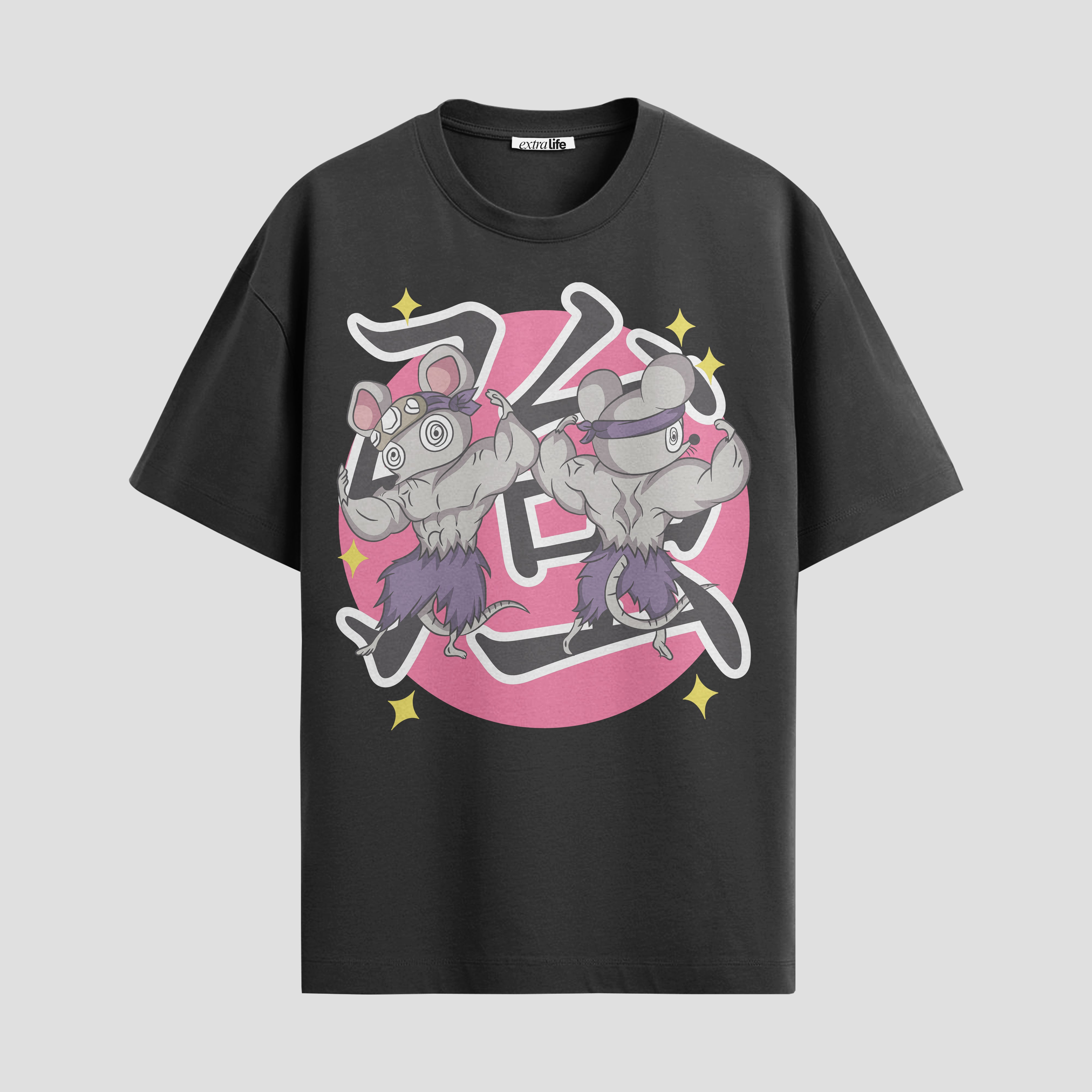 Playera urbana de anime y gaming ExtraLife MX, corte Standard Fit unisex ligero y transpirable en color Deep Black y Pure White, ropa de uso diario para gym y casual.