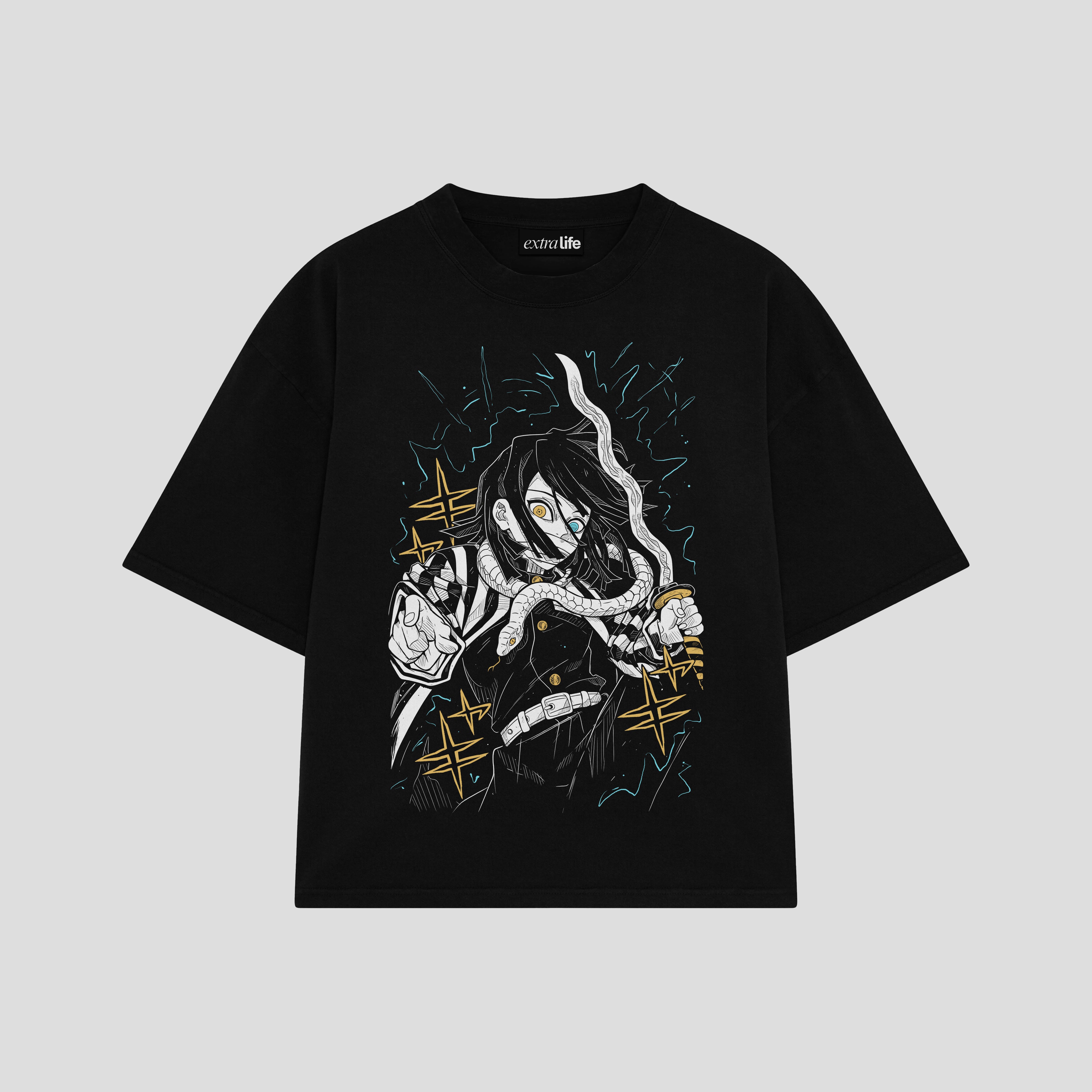 Playera streetwear premium de anime y gaming ExtraLife MX, corte boxy oversized drop shoulder heavyweight en color Deep Black y Off-White, moda urbana mexicana de culto.