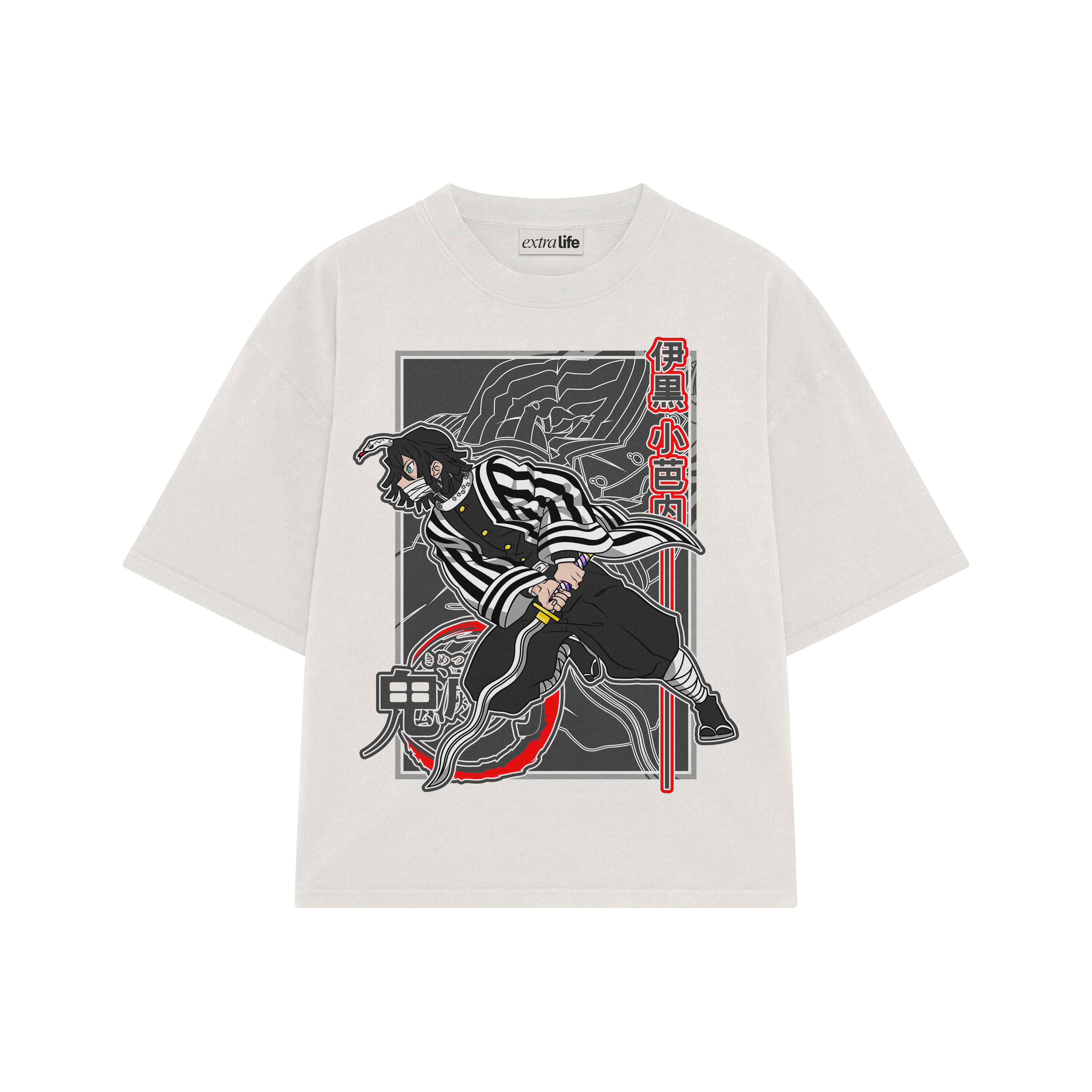 Playera streetwear premium de anime y gaming ExtraLife MX, corte boxy oversized drop shoulder heavyweight en color Deep Black y Off-White, moda urbana mexicana de culto.