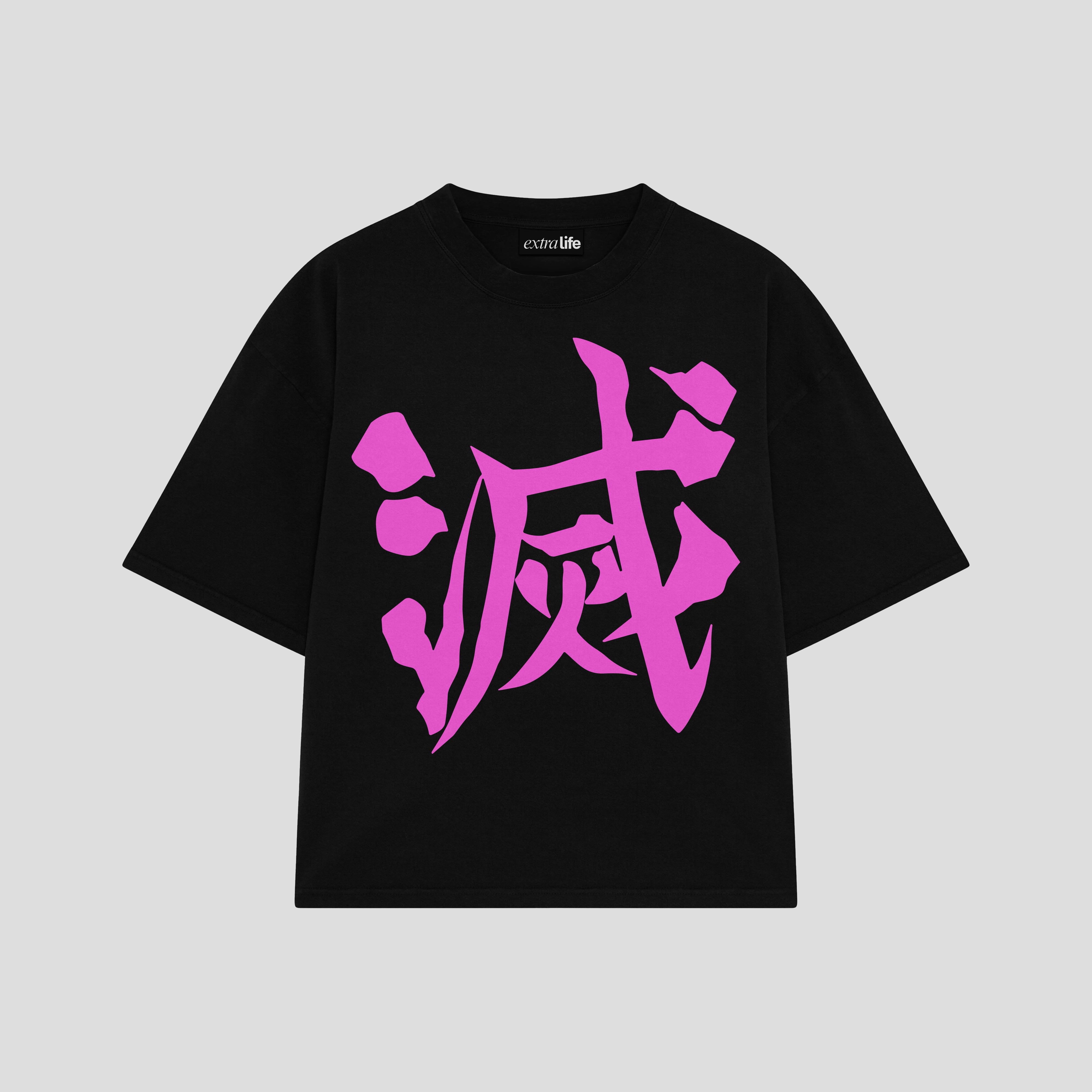 Playera streetwear premium de anime y gaming ExtraLife MX, corte boxy oversized drop shoulder heavyweight en color Deep Black y Off-White, moda urbana mexicana de culto.