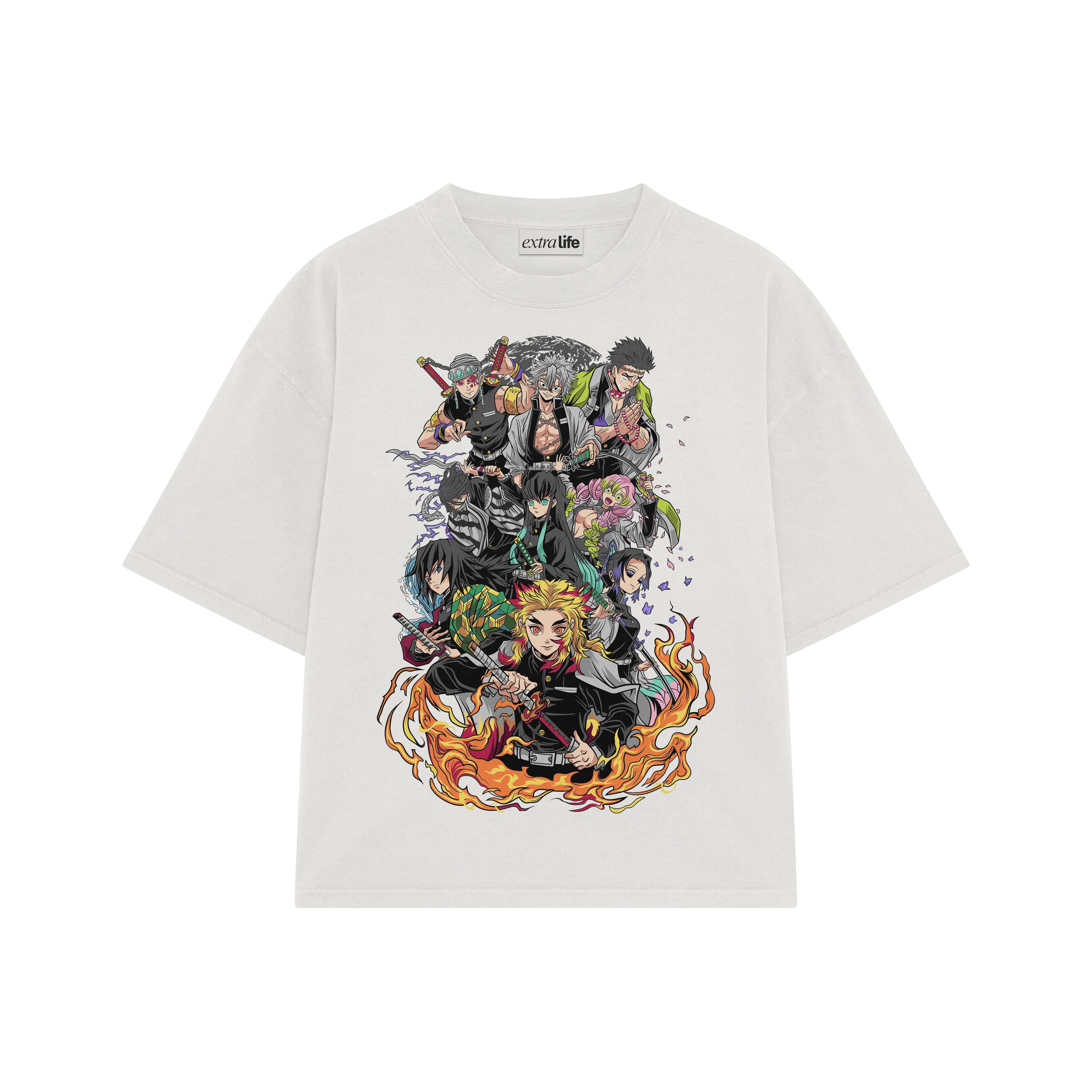 Playera streetwear premium de anime y gaming ExtraLife MX, corte boxy oversized drop shoulder heavyweight en color Deep Black y Off-White, moda urbana mexicana de culto.