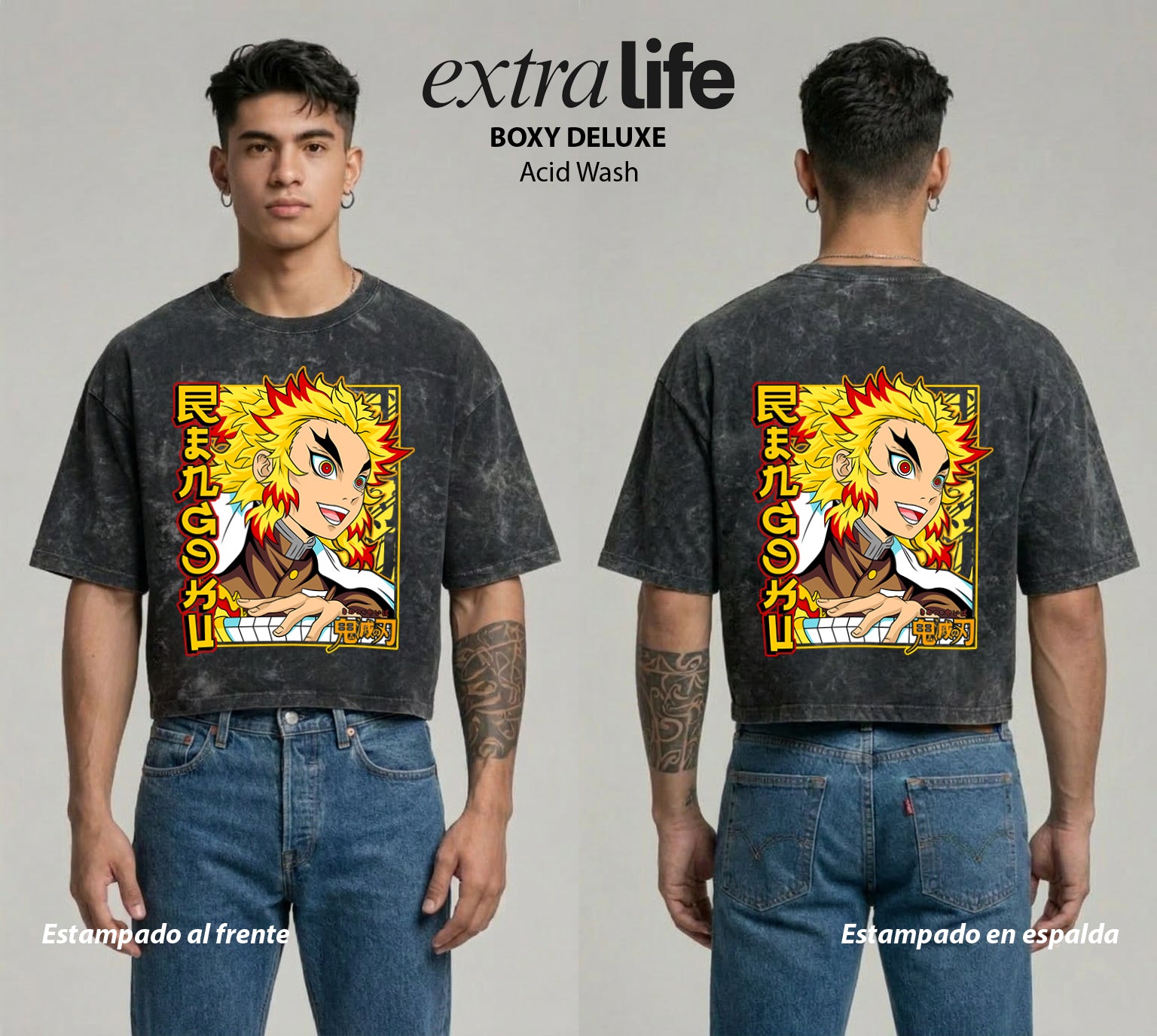 Playera streetwear premium de anime y gaming ExtraLife MX, corte boxy deluxe mineral wash heavyweight en color Acid Wash, moda urbana mexicana de culto.