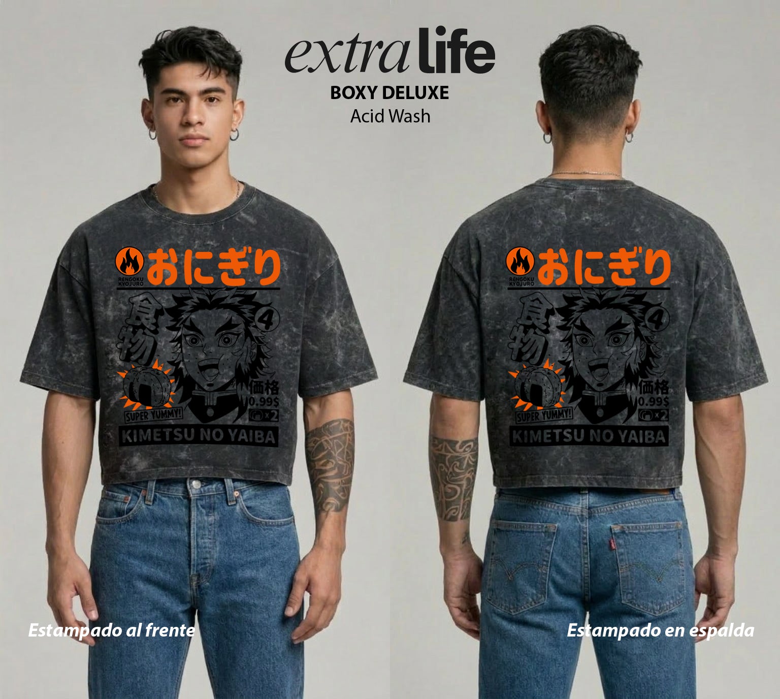 Playera streetwear premium de anime y gaming ExtraLife MX, corte boxy deluxe mineral wash heavyweight en color Acid Wash, moda urbana mexicana de culto.