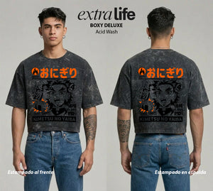 Playera streetwear premium de anime y gaming ExtraLife MX, corte boxy deluxe mineral wash heavyweight en color Acid Wash, moda urbana mexicana de culto.