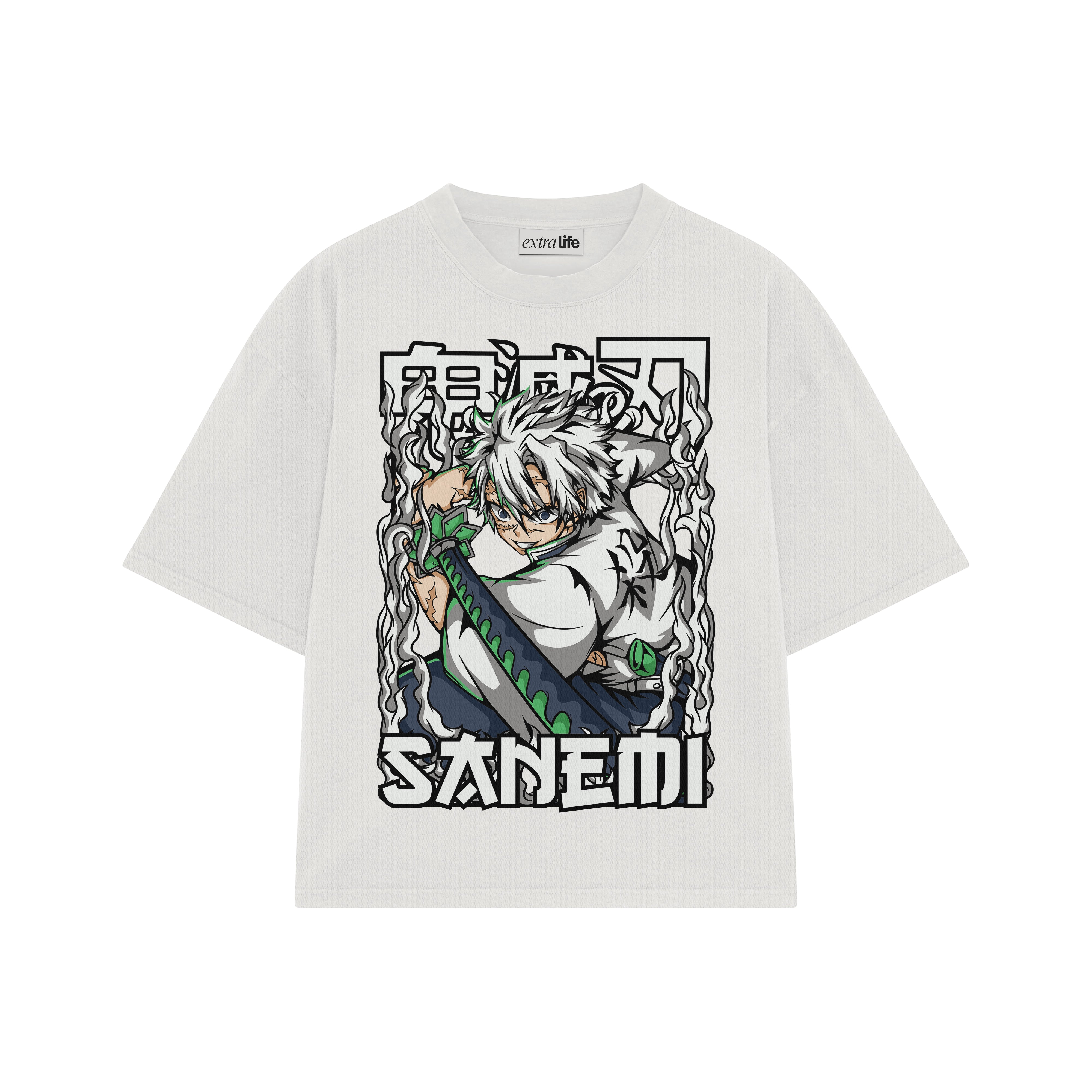 Playera streetwear premium de anime y gaming ExtraLife MX, corte boxy oversized drop shoulder heavyweight en color Deep Black y Off-White, moda urbana mexicana de culto.