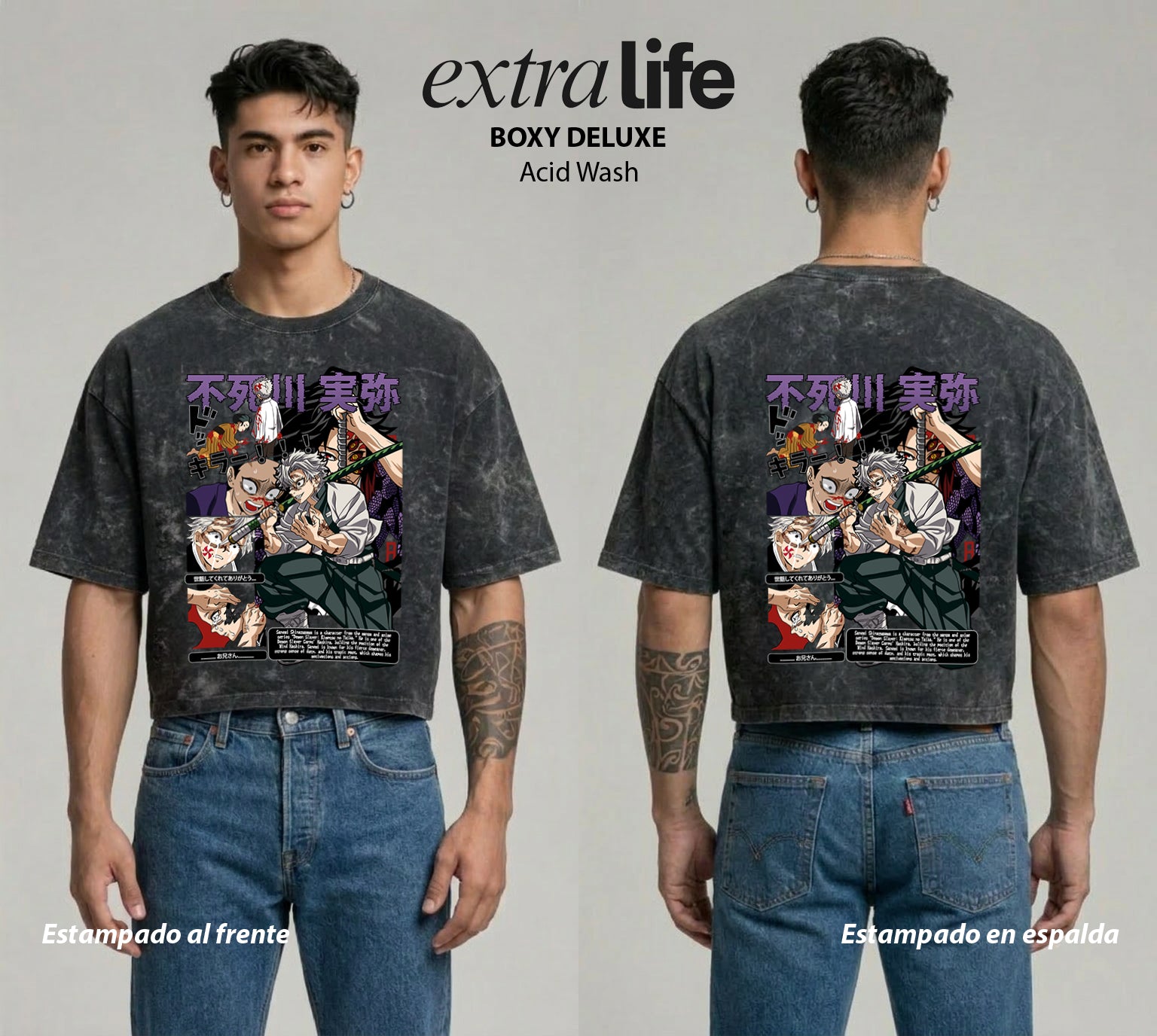 Playera streetwear premium de anime y gaming ExtraLife MX, corte boxy deluxe mineral wash heavyweight en color Acid Wash, moda urbana mexicana de culto.