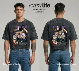 Playera streetwear premium de anime y gaming ExtraLife MX, corte boxy deluxe mineral wash heavyweight en color Acid Wash, moda urbana mexicana de culto.