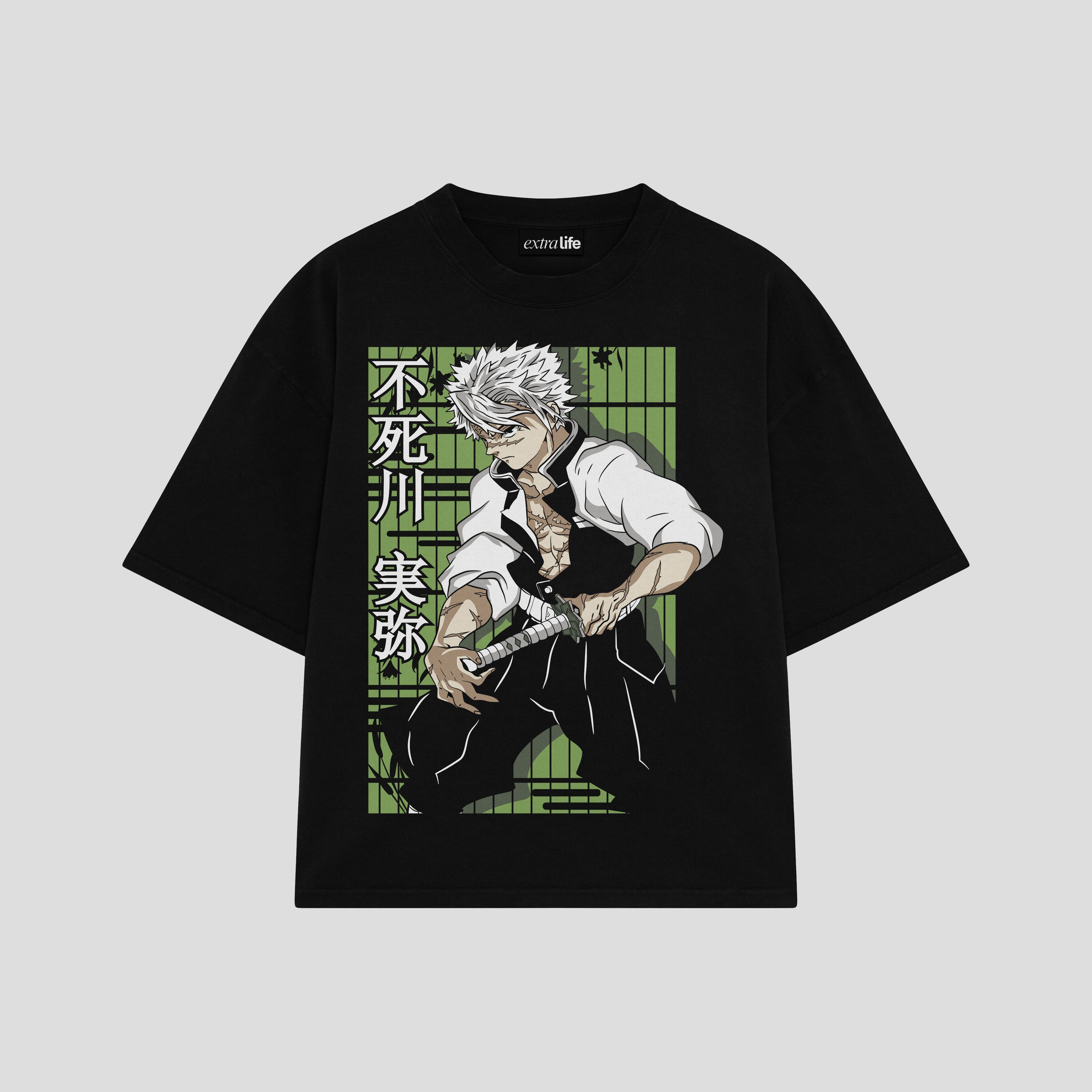 Playera streetwear premium de anime y gaming ExtraLife MX, corte boxy oversized drop shoulder heavyweight en color Deep Black y Off-White, moda urbana mexicana de culto.