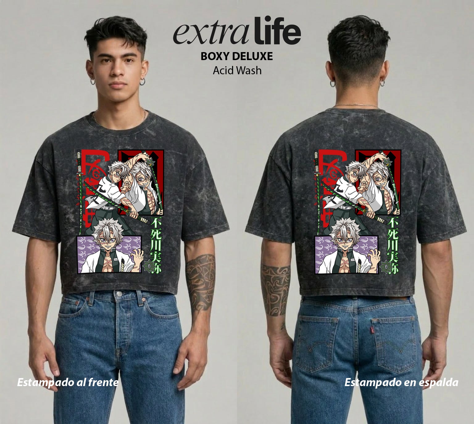 Playera streetwear premium de anime y gaming ExtraLife MX, corte boxy deluxe mineral wash heavyweight en color Acid Wash, moda urbana mexicana de culto.