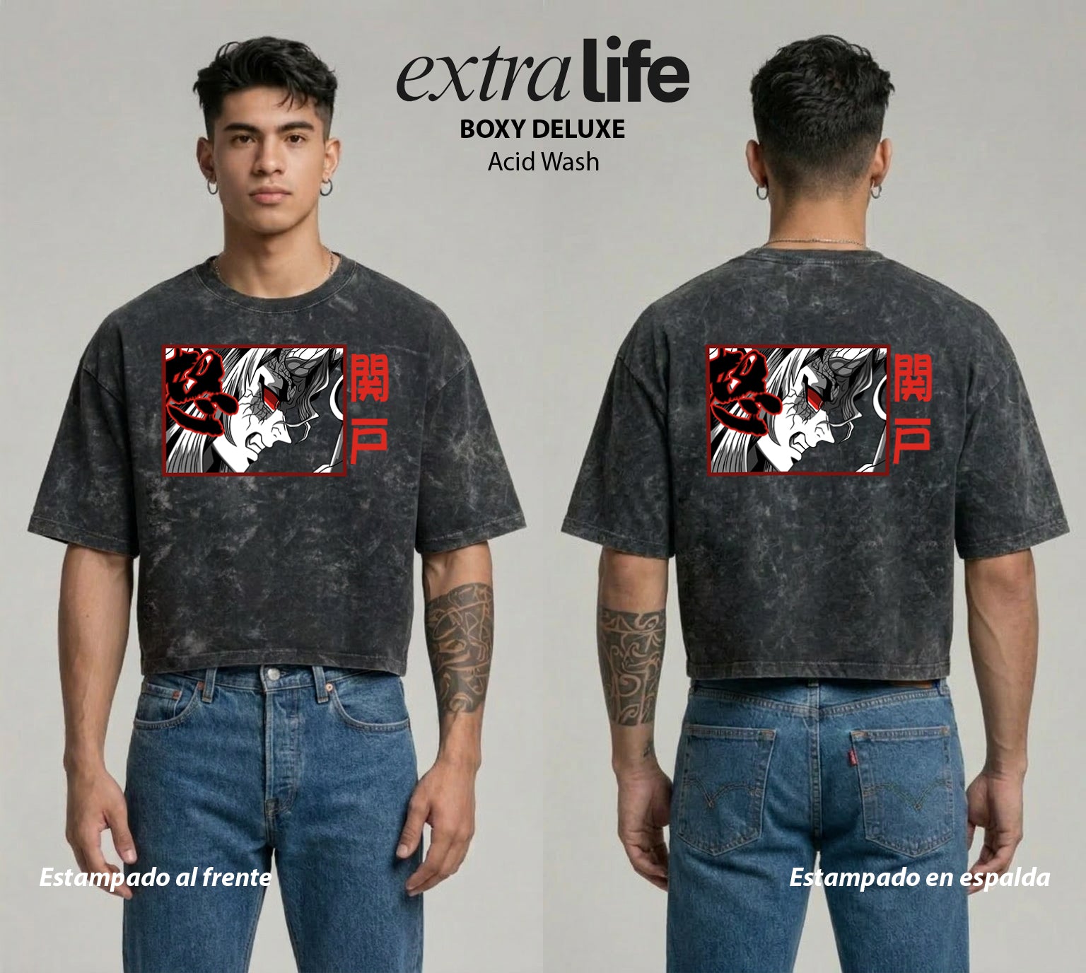 Playera streetwear premium de anime y gaming ExtraLife MX, corte boxy deluxe mineral wash heavyweight en color Acid Wash, moda urbana mexicana de culto.