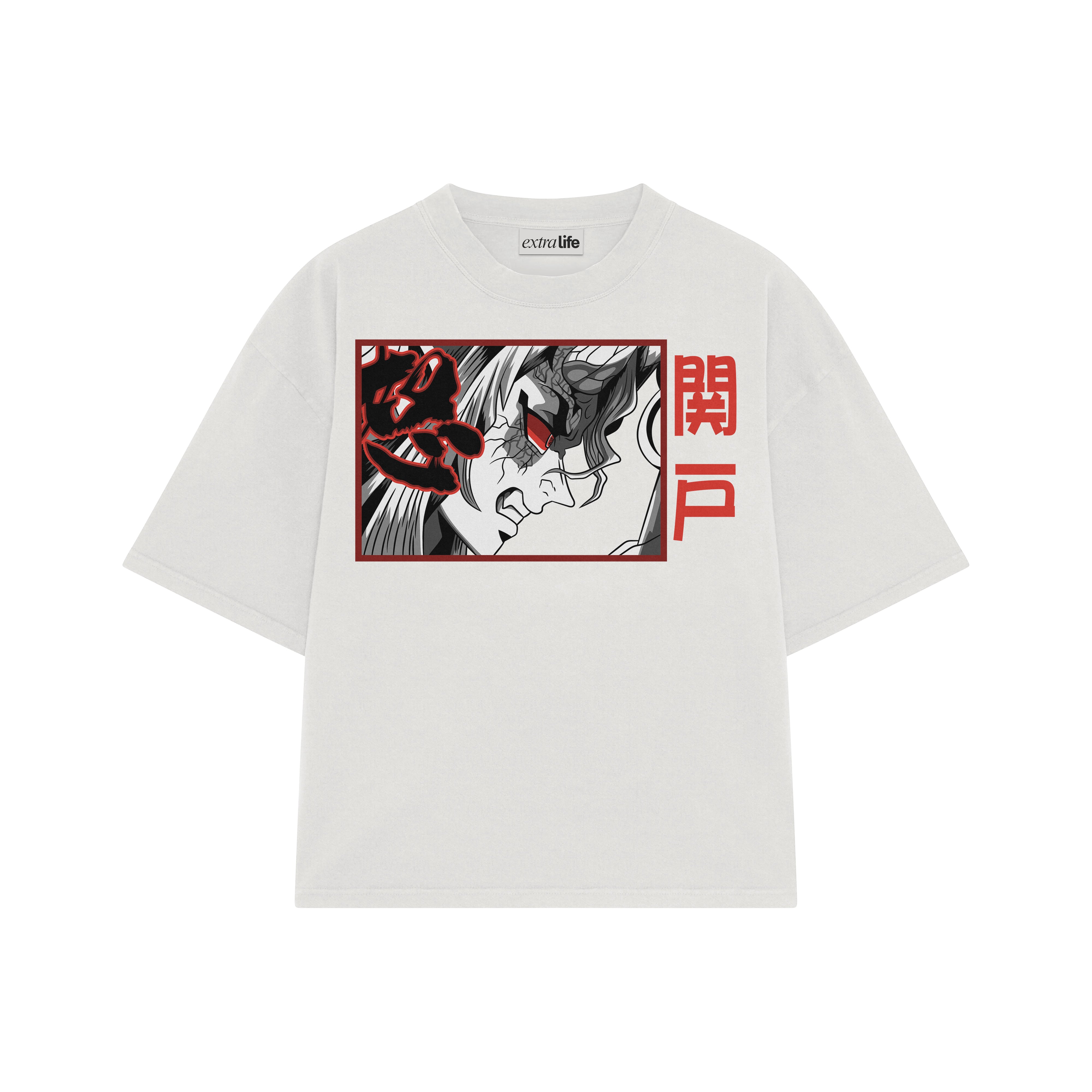Playera streetwear premium de anime y gaming ExtraLife MX, corte boxy oversized drop shoulder heavyweight en color Deep Black y Off-White, moda urbana mexicana de culto.