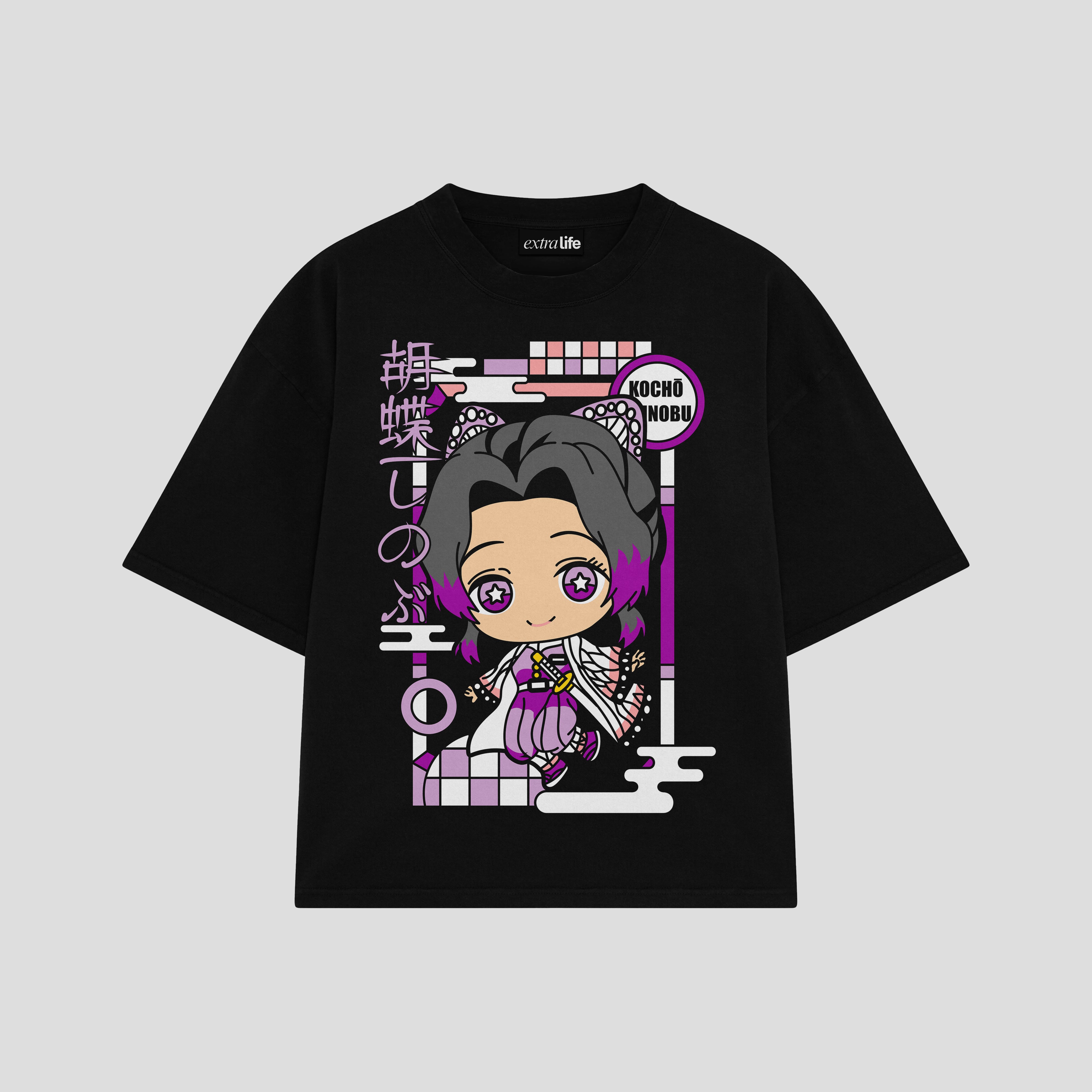 Playera streetwear premium de anime y gaming ExtraLife MX, corte boxy oversized drop shoulder heavyweight en color Deep Black y Off-White, moda urbana mexicana de culto.