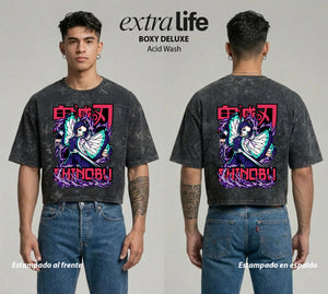 Playera streetwear premium de anime y gaming ExtraLife MX, corte boxy deluxe mineral wash heavyweight en color Acid Wash, moda urbana mexicana de culto.
